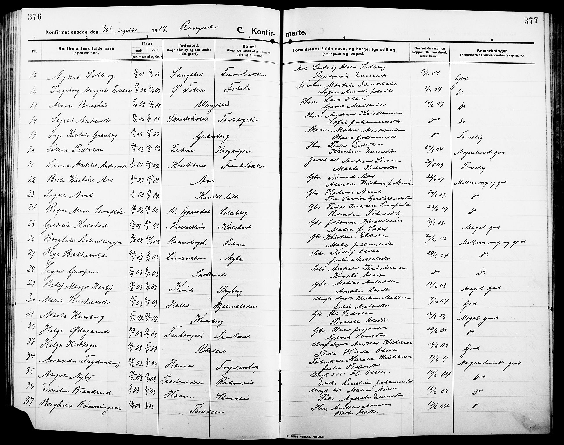 Ringsaker prestekontor, SAH/PREST-014/L/La/L0018: Parish register (copy) no. 18, 1913-1922, p. 376-377