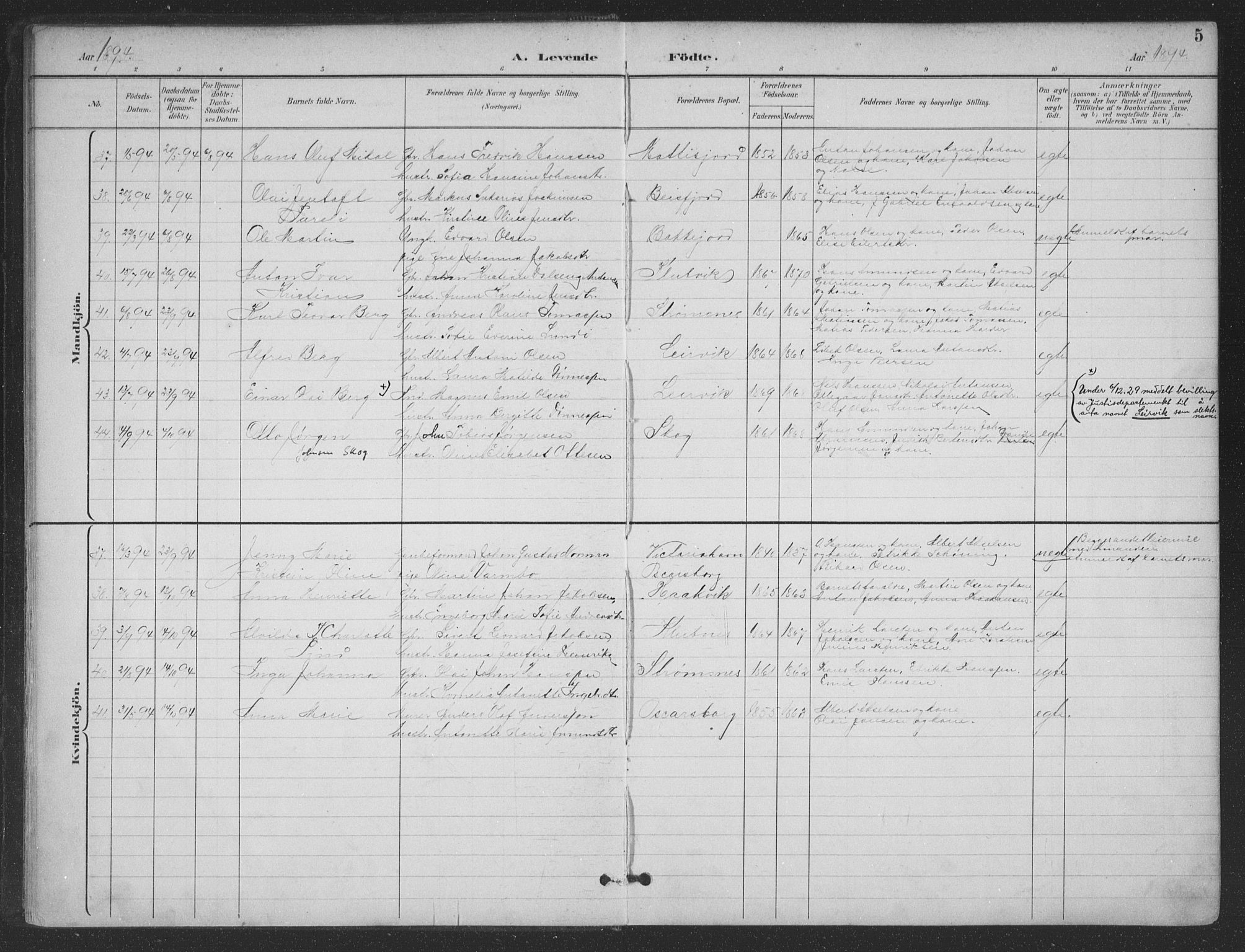 Ministerialprotokoller, klokkerbøker og fødselsregistre - Nordland, AV/SAT-A-1459/866/L0939: Parish register (official) no. 866A02, 1894-1906, p. 5