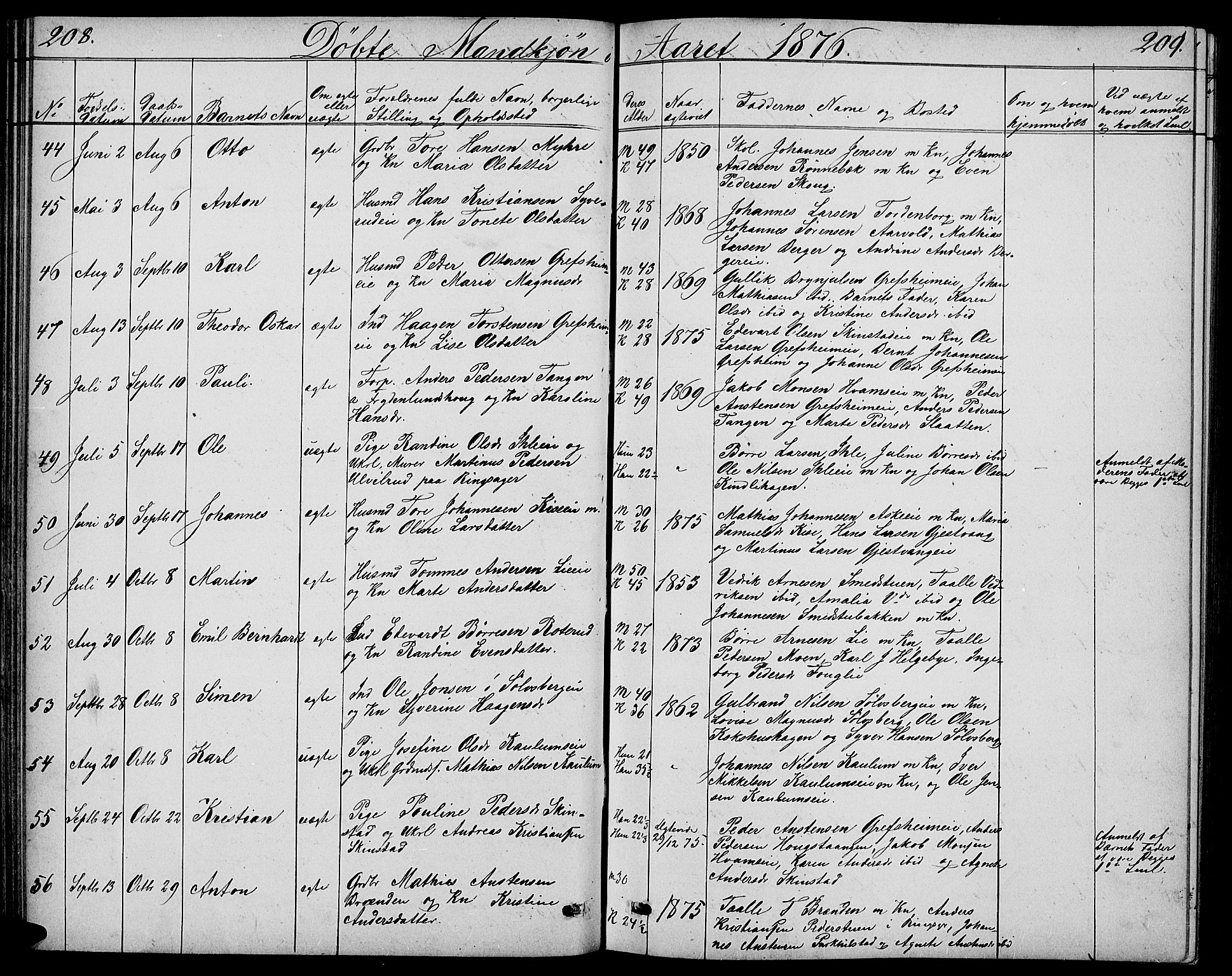 Nes prestekontor, Hedmark, SAH/PREST-020/L/La/L0005: Parish register (copy) no. 5, 1852-1889, p. 208-209
