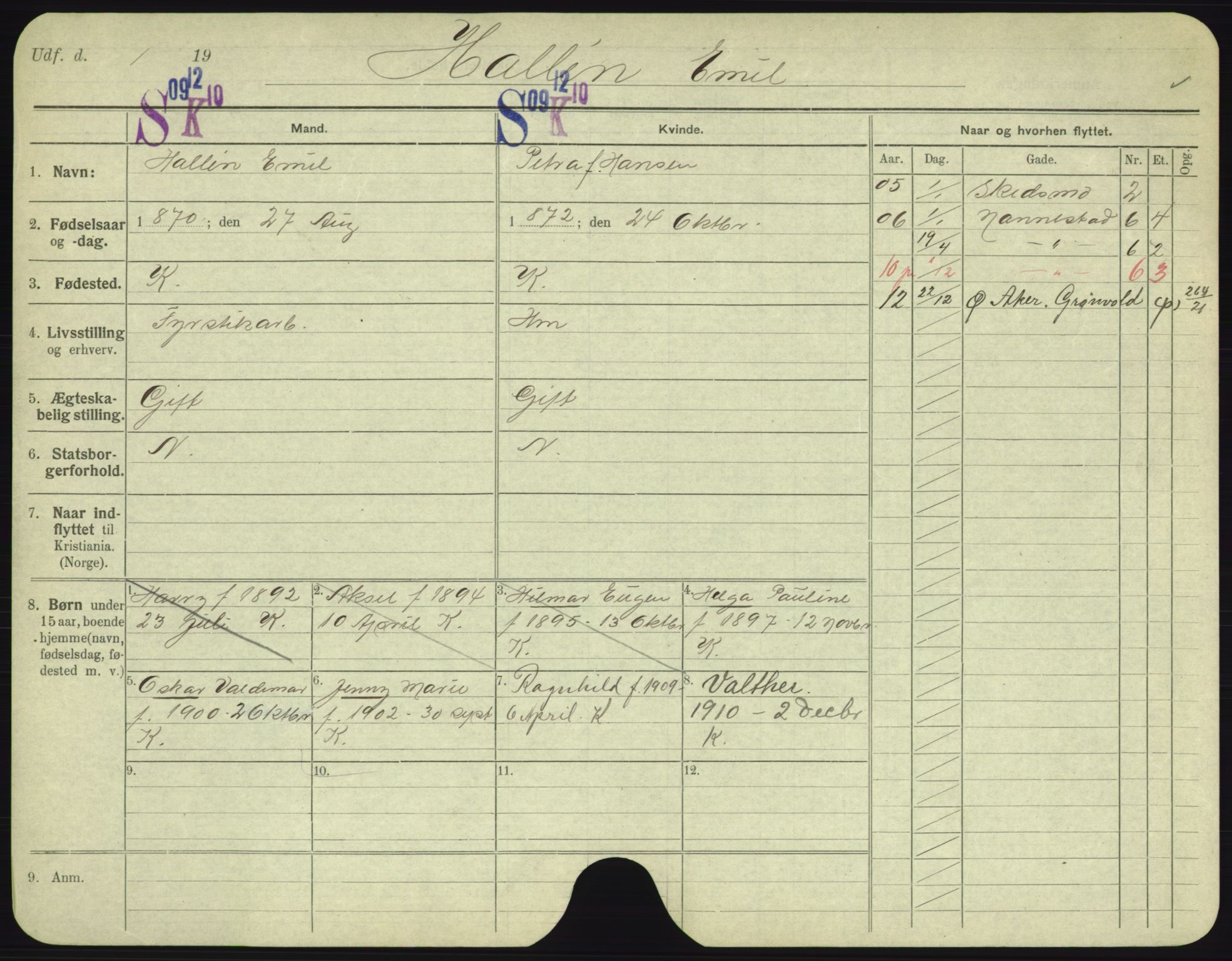 Oslo folkeregister, Registerkort, AV/SAO-A-11715/F/Fa/Fac/L0003: Menn, 1906-1914, p. 1072a