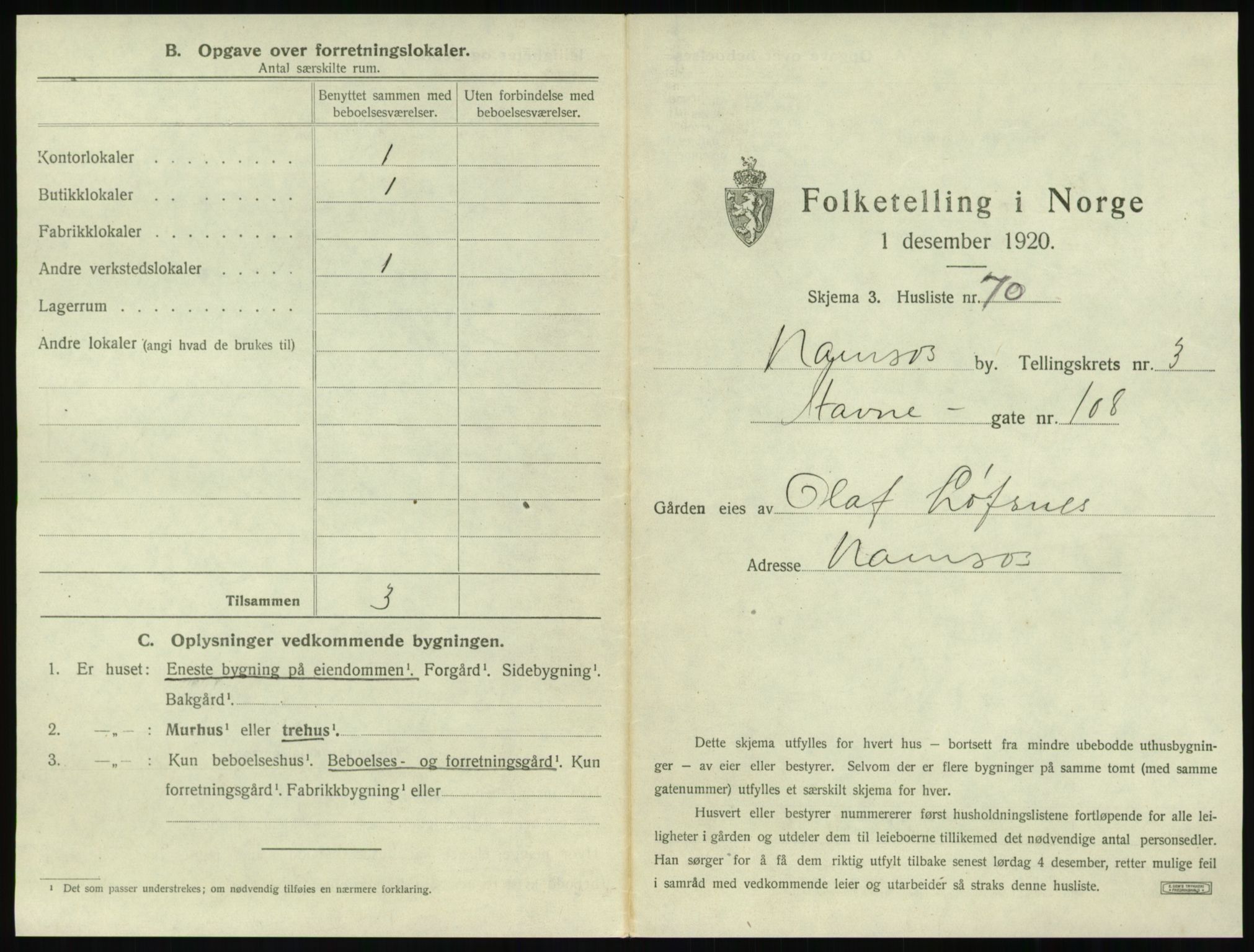 SAT, 1920 census for Namsos, 1920, p. 401