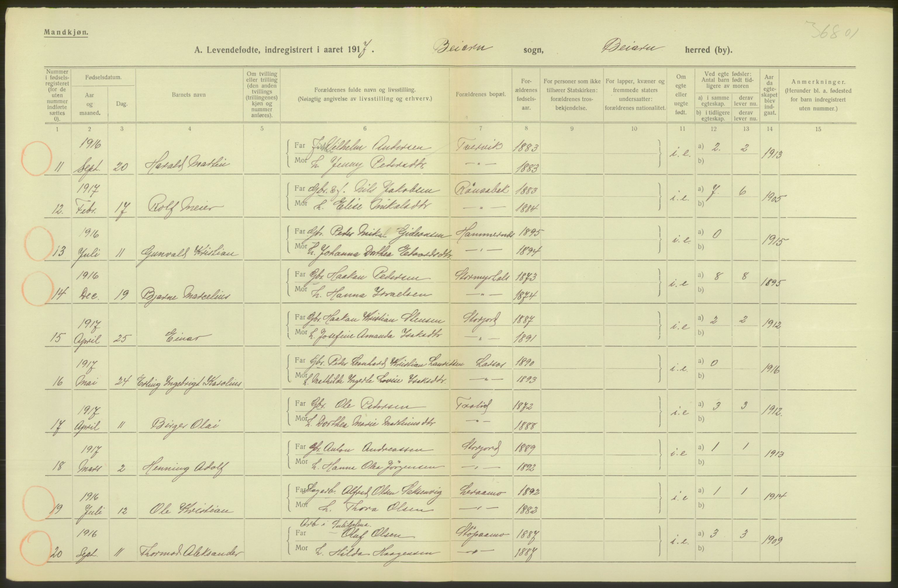 Statistisk sentralbyrå, Sosiodemografiske emner, Befolkning, RA/S-2228/D/Df/Dfb/Dfbg/L0050: Nordlands amt: Levendefødte menn og kvinner. Bygder., 1917, p. 300