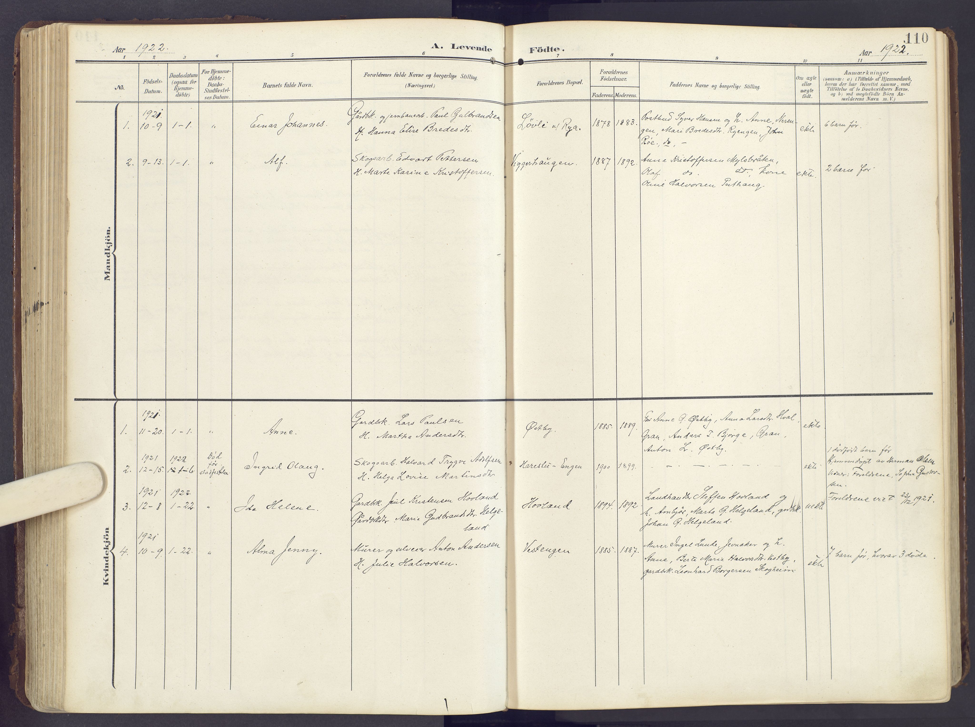 Lunner prestekontor, SAH/PREST-118/H/Ha/Haa/L0001: Parish register (official) no. 1, 1907-1922, p. 110