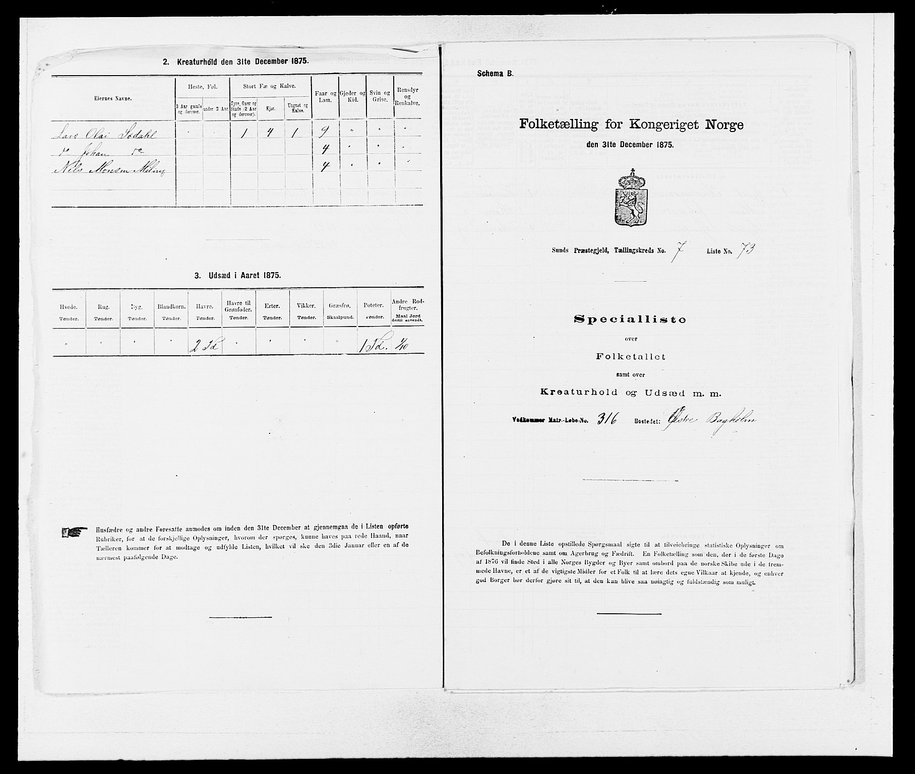 SAB, 1875 census for 1245P Sund, 1875, p. 820