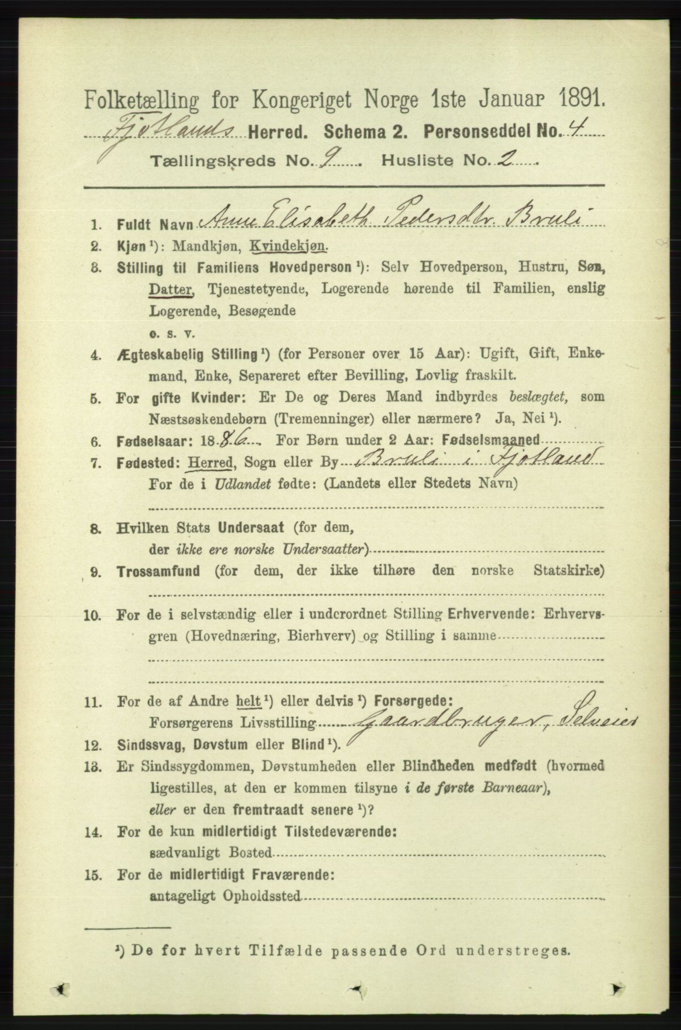 RA, 1891 census for 1036 Fjotland, 1891, p. 1311