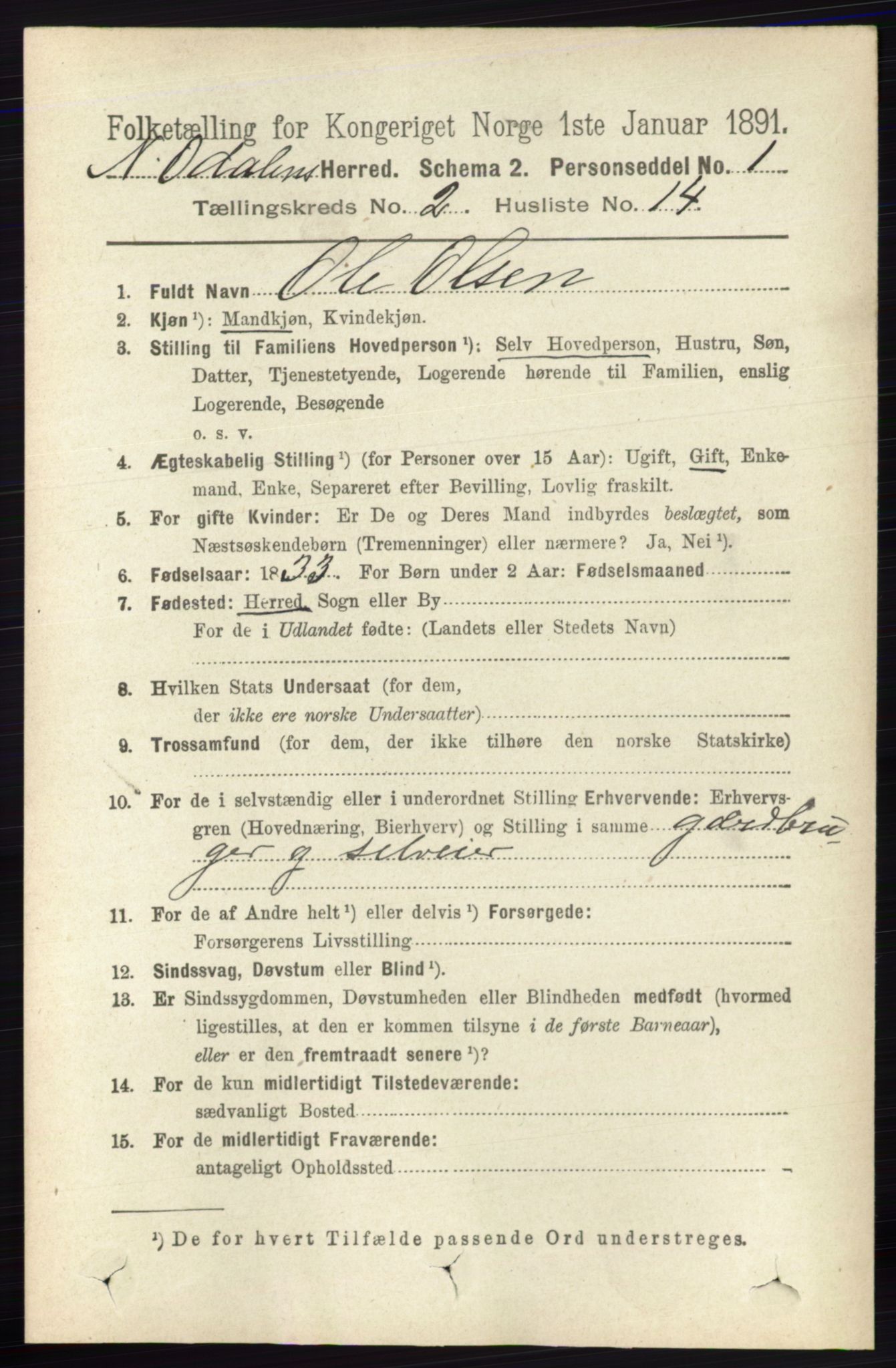 RA, 1891 census for 0418 Nord-Odal, 1891, p. 531