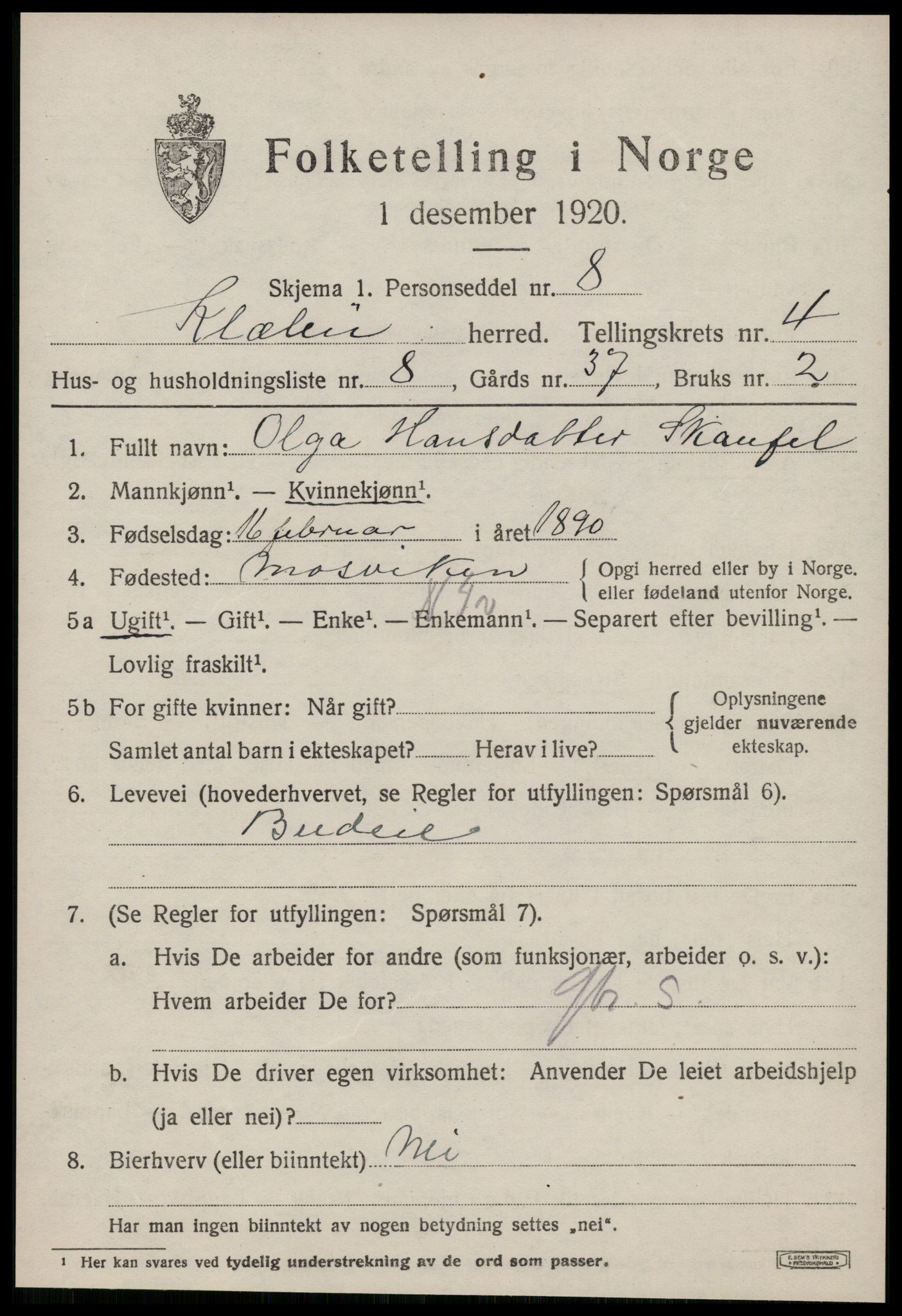 SAT, 1920 census for Klæbu, 1920, p. 2166