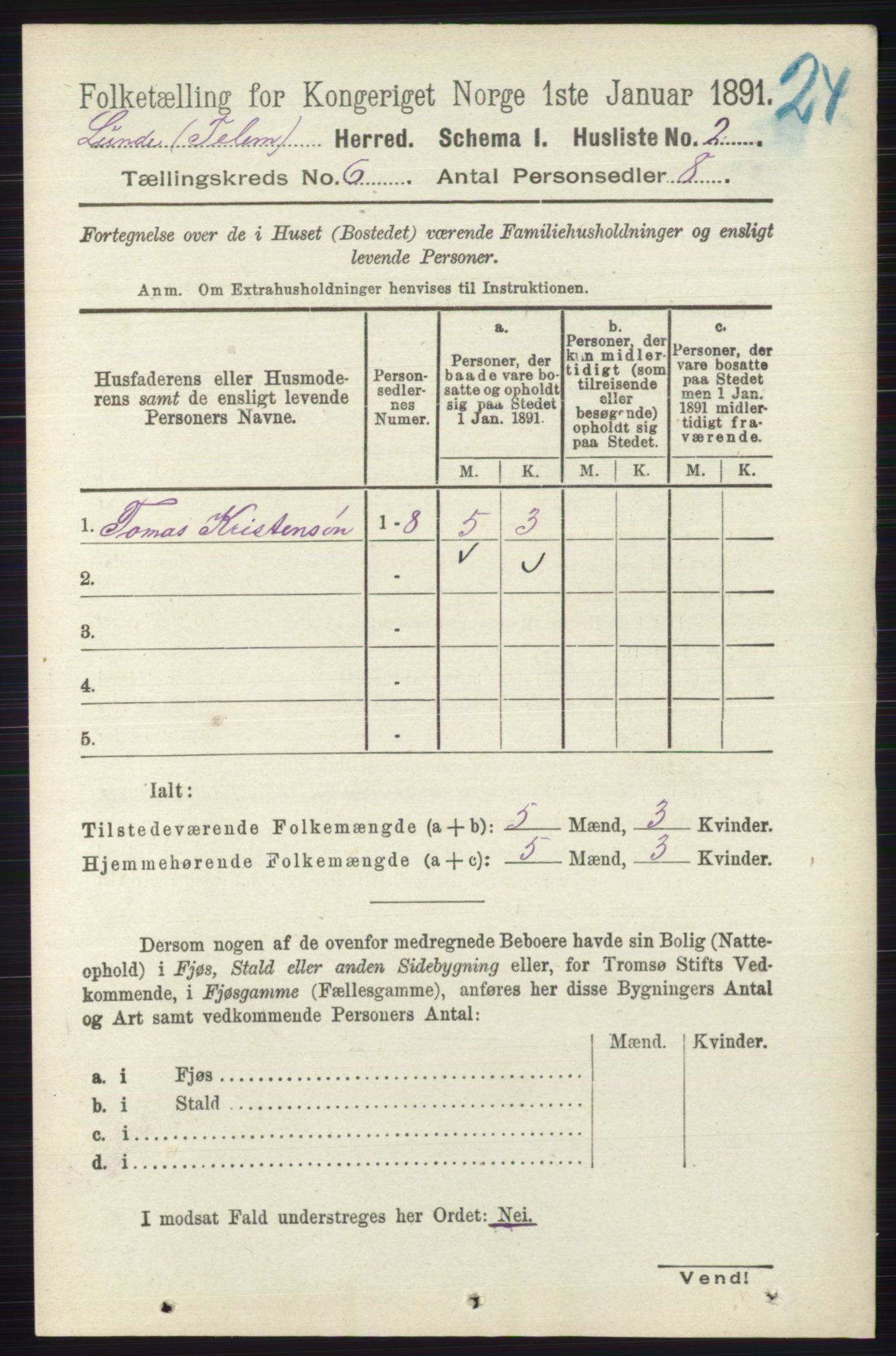 RA, 1891 census for 0820 Lunde, 1891, p. 2005