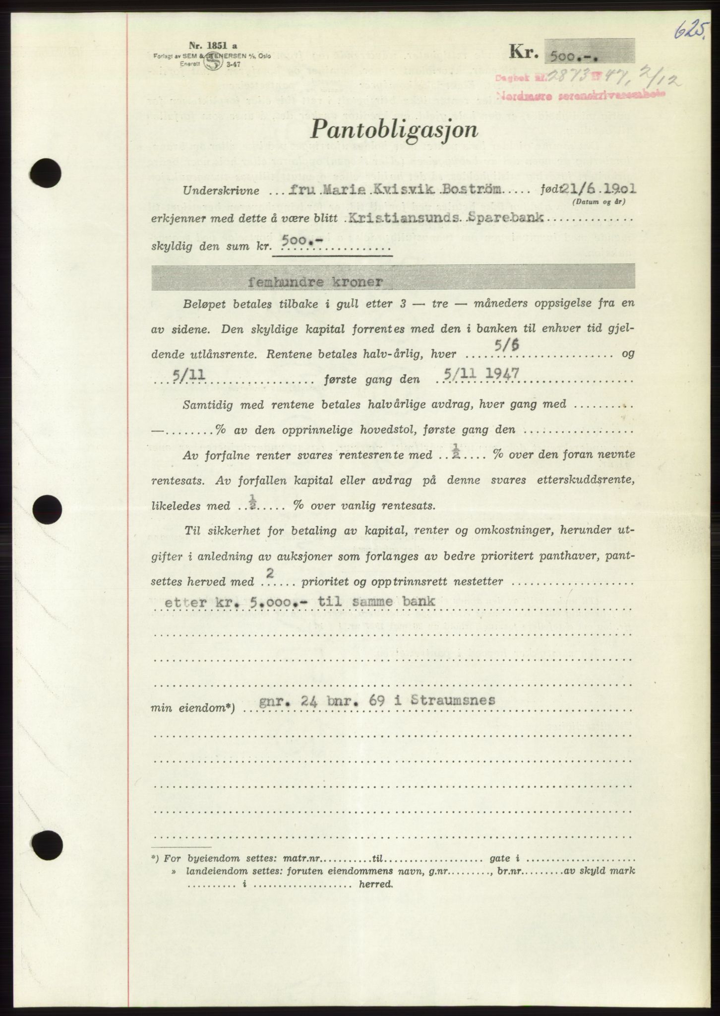 Nordmøre sorenskriveri, AV/SAT-A-4132/1/2/2Ca: Mortgage book no. B97, 1947-1948, Diary no: : 2873/1947