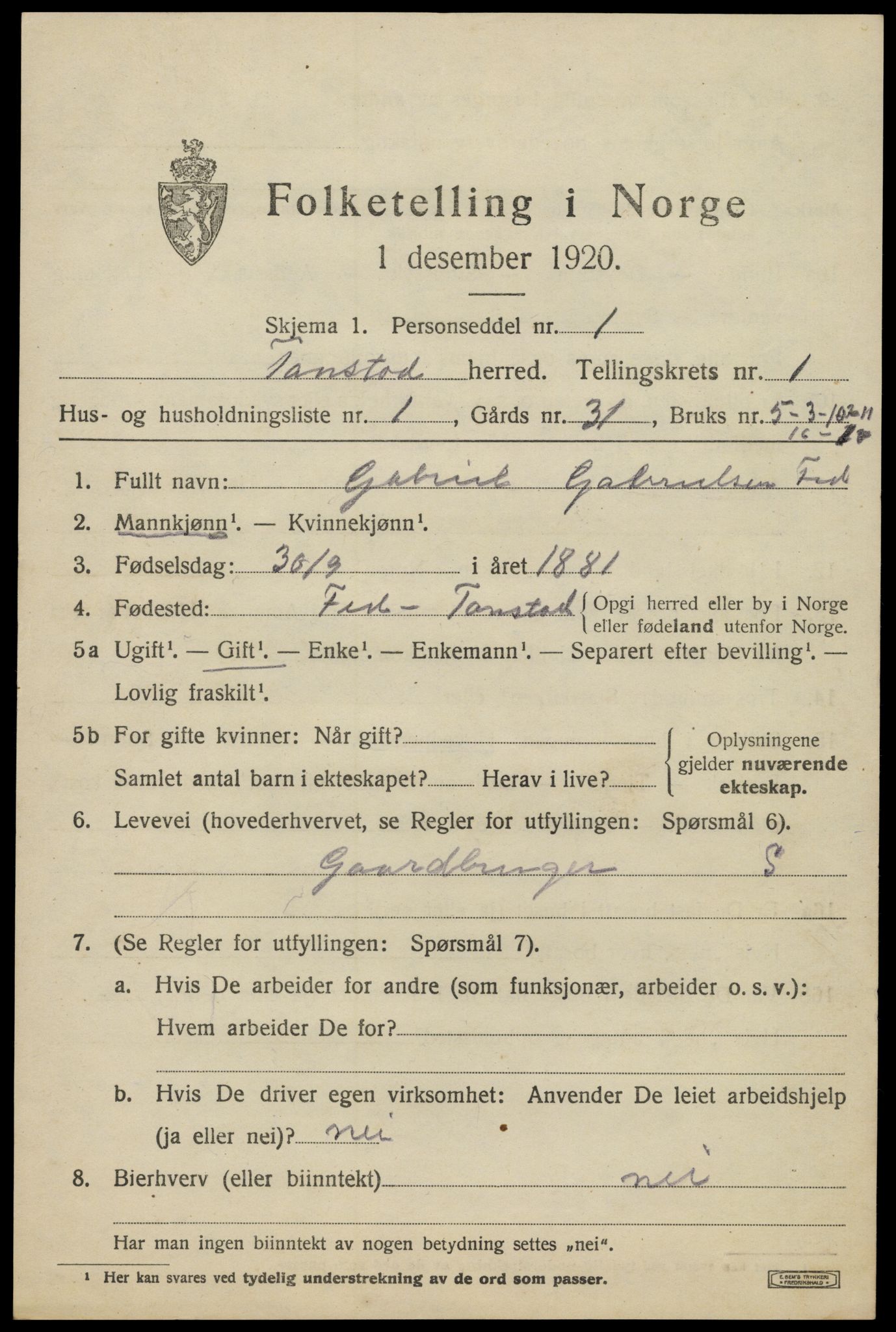 SAK, 1920 census for Tonstad, 1920, p. 328