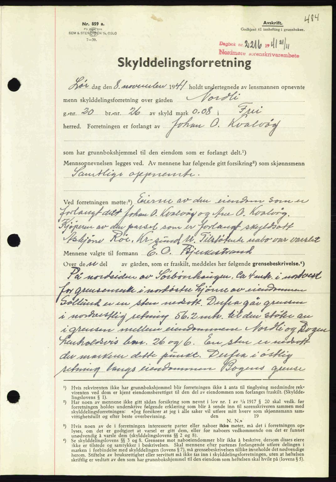 Nordmøre sorenskriveri, AV/SAT-A-4132/1/2/2Ca: Mortgage book no. A91, 1941-1942, Diary no: : 2216/1941