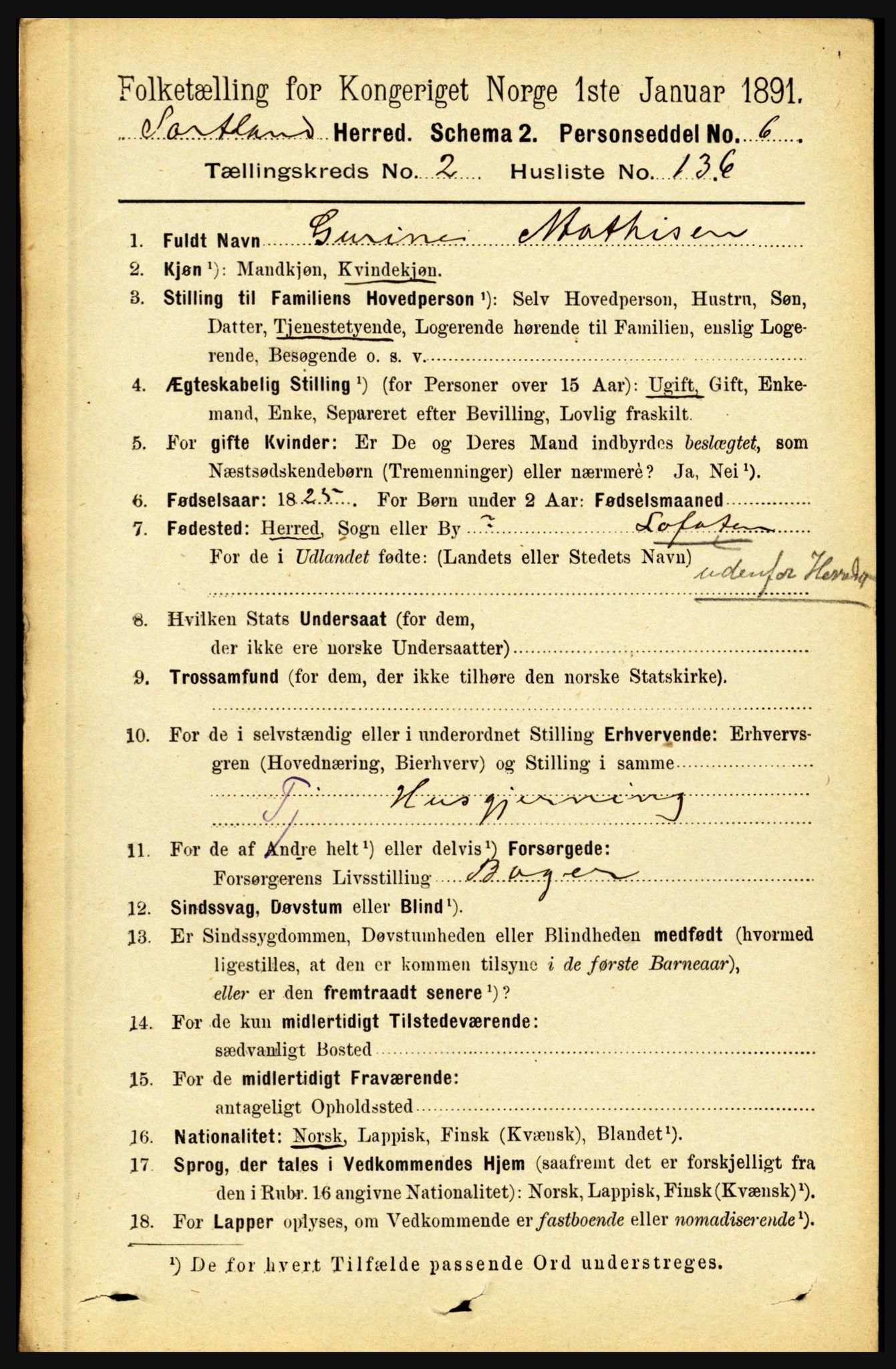 RA, 1891 census for 1870 Sortland, 1891, p. 2032