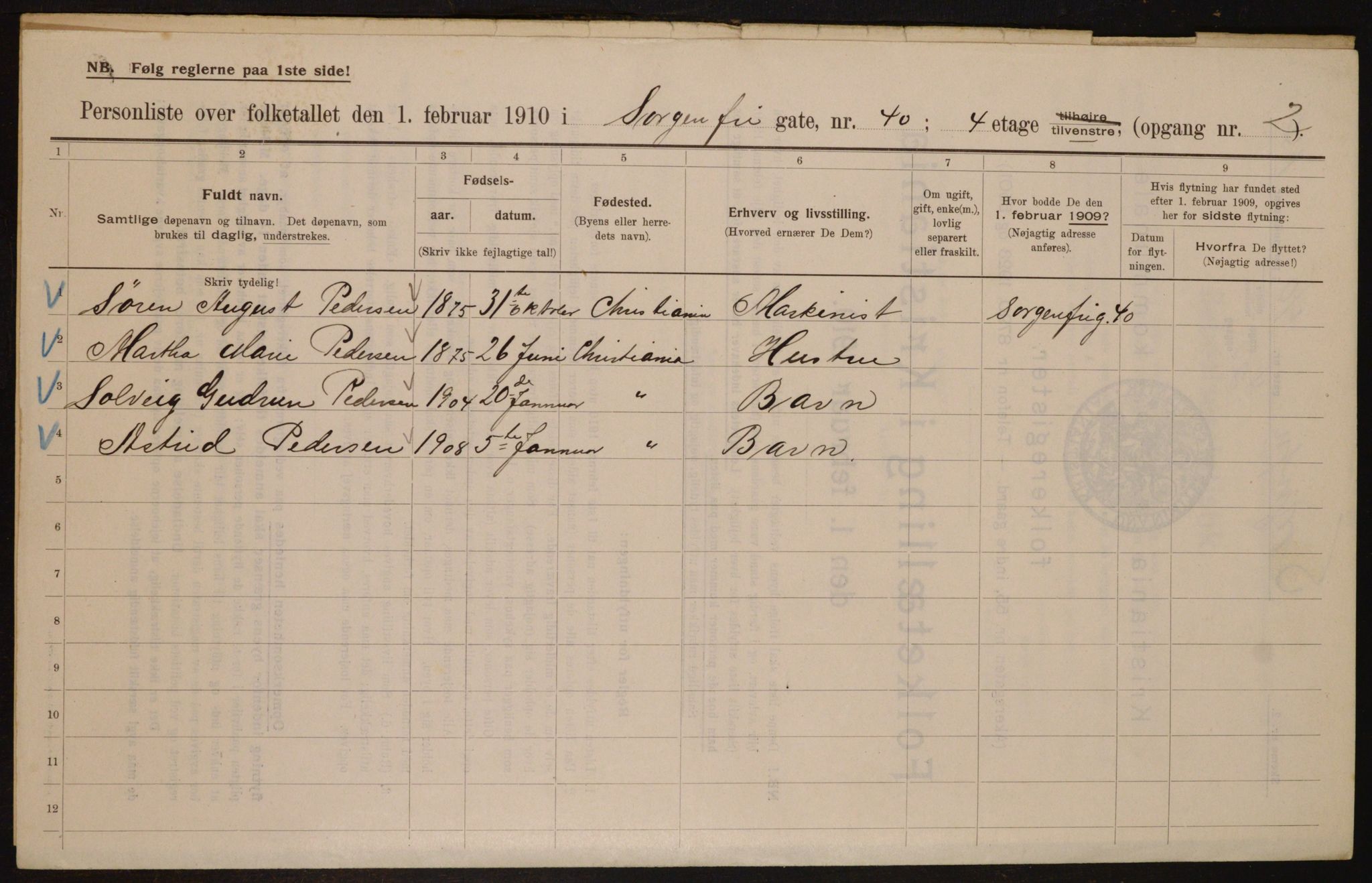 OBA, Municipal Census 1910 for Kristiania, 1910, p. 95509