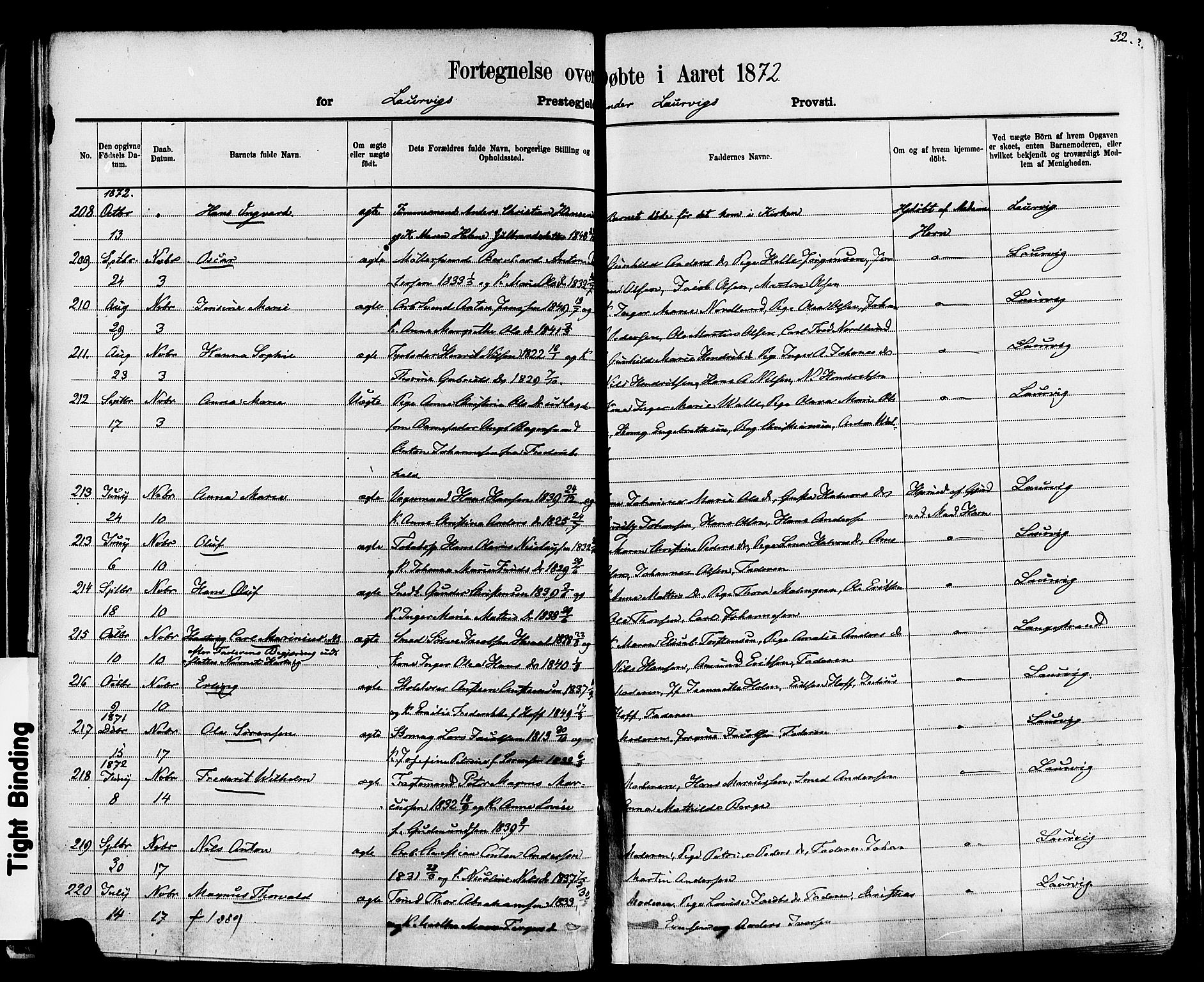 Larvik kirkebøker, AV/SAKO-A-352/F/Fa/L0006: Parish register (official) no. I 6, 1871-1883, p. 32