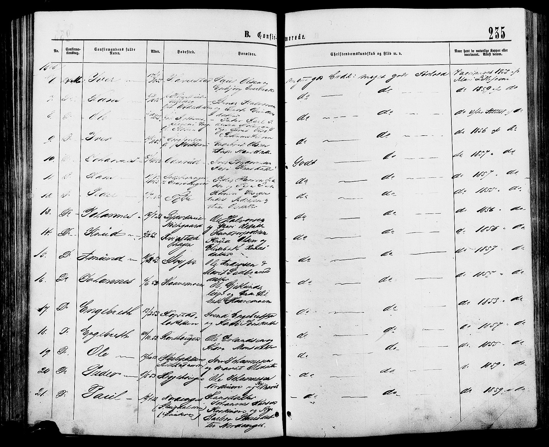 Sør-Fron prestekontor, SAH/PREST-010/H/Ha/Haa/L0002: Parish register (official) no. 2, 1864-1880, p. 235