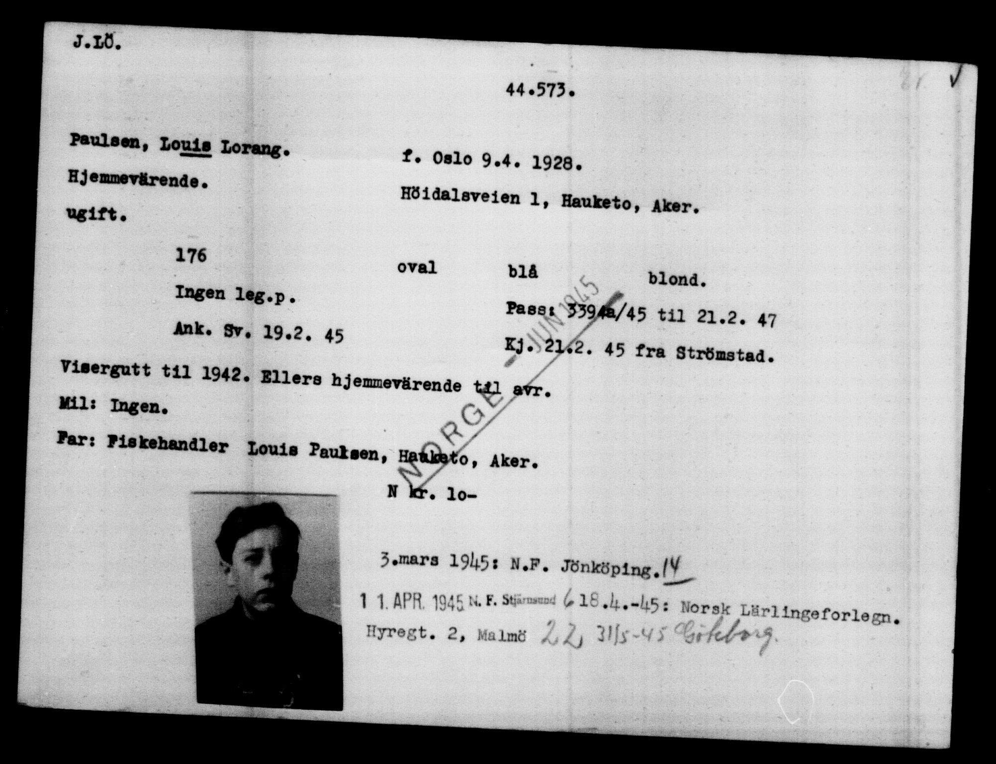 Utenriksstasjonene, Legasjonen i Stockholm, Flyktningkontoret, AV/RA-S-6753/V/Va/L0017: Kjesäterkartoteket, flyktninger med registreringsnr. 43400-46318, 1940-1945, p. 1227