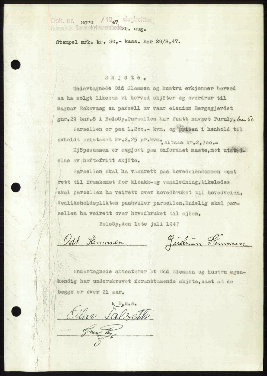 Romsdal sorenskriveri, AV/SAT-A-4149/1/2/2C: Mortgage book no. A23, 1947-1947, Diary no: : 2079/1947