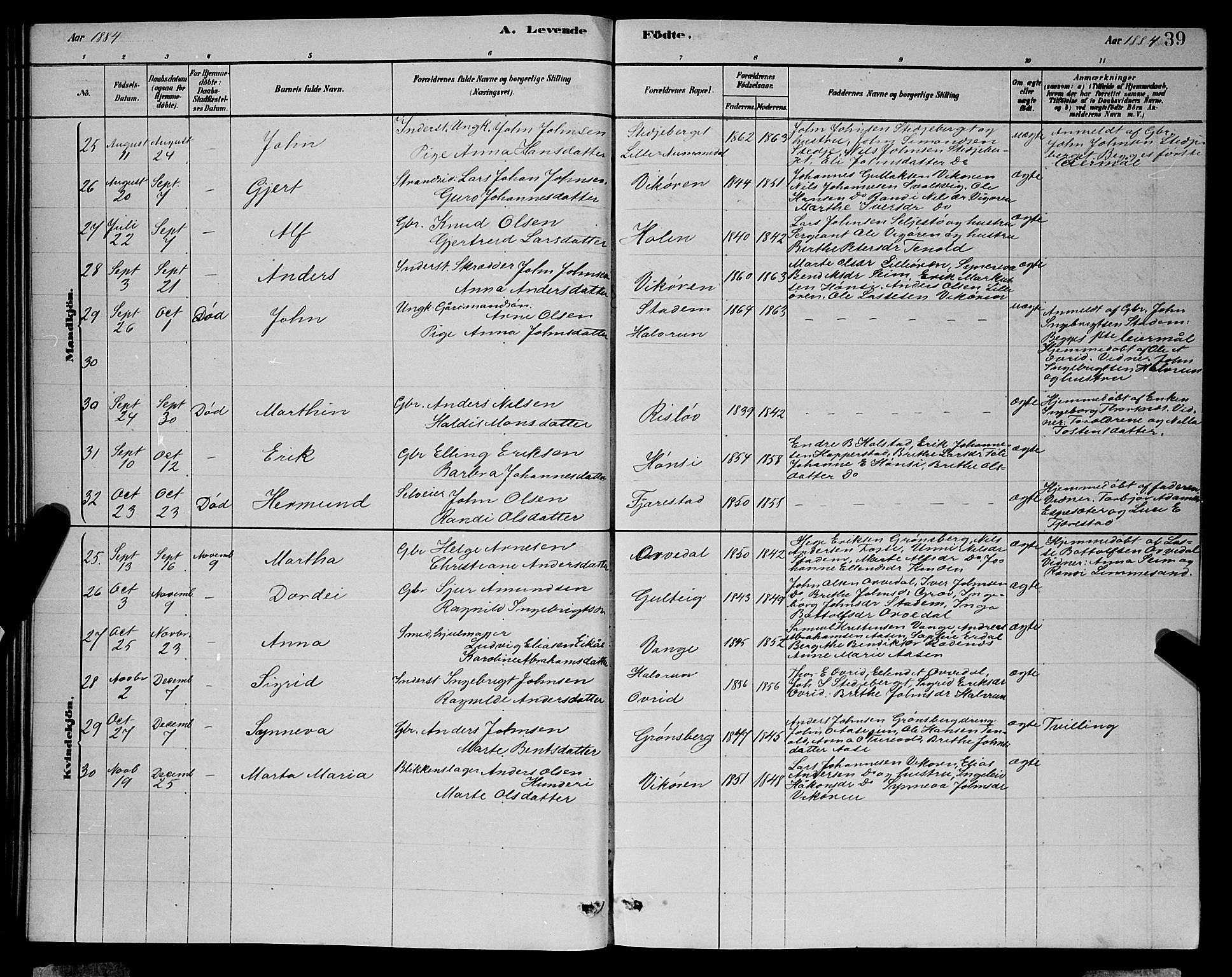 Vik sokneprestembete, AV/SAB-A-81501/H/Hab/Haba/L0003: Parish register (copy) no. A 3, 1878-1894, p. 39