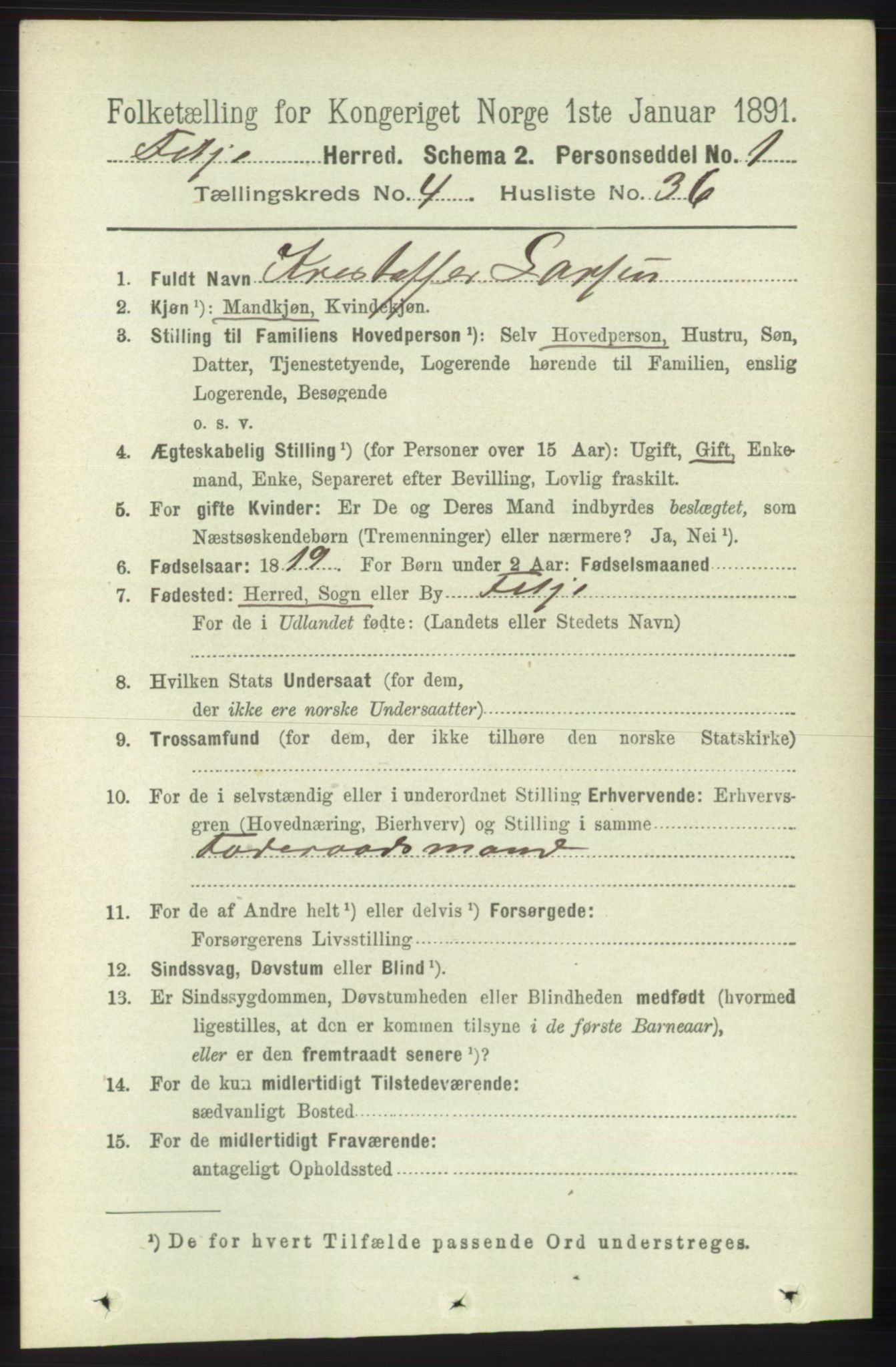 RA, 1891 census for 1222 Fitjar, 1891, p. 1535