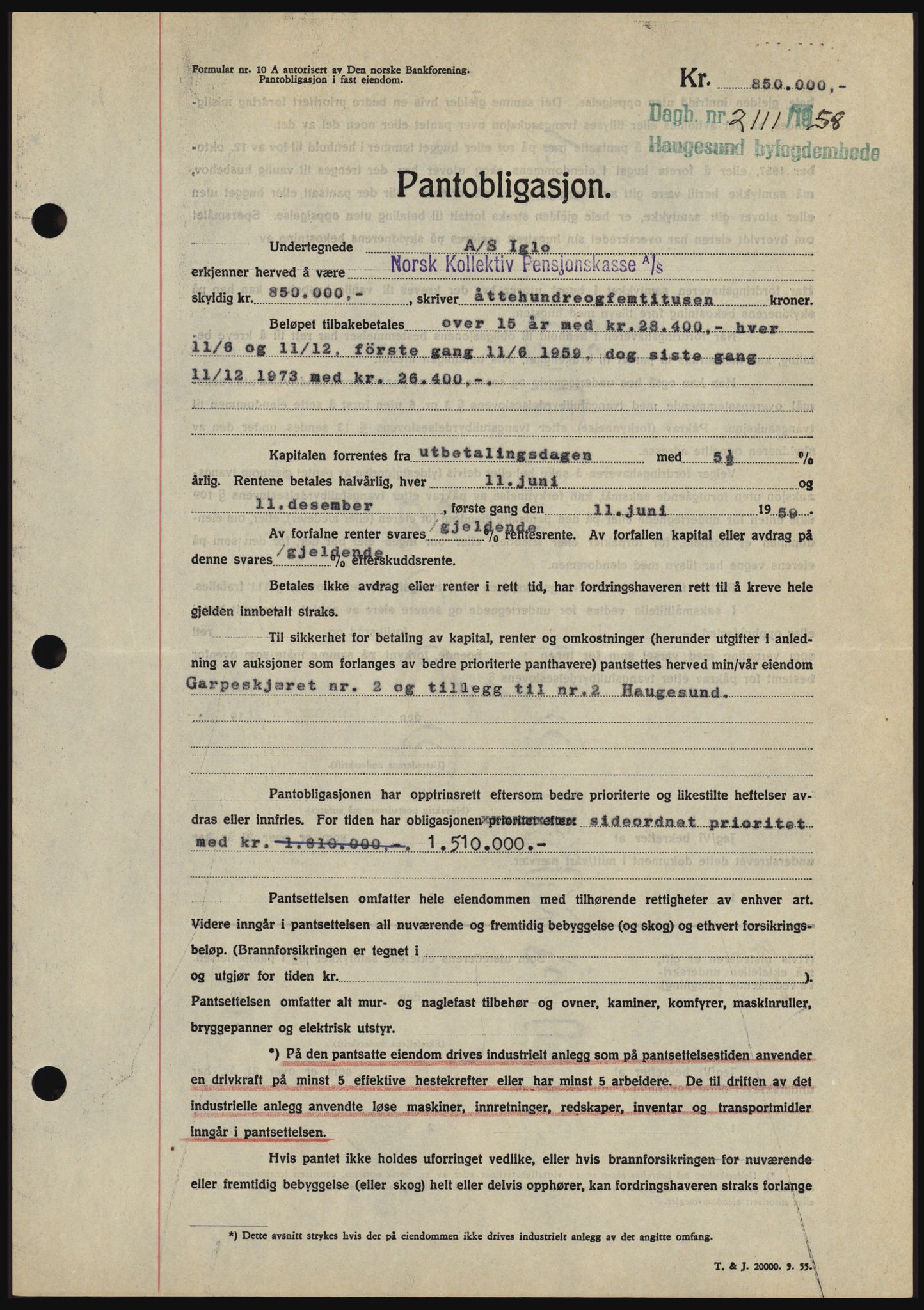 Haugesund tingrett, SAST/A-101415/01/II/IIC/L0044: Mortgage book no. B 44, 1958-1959, Diary no: : 2111/1958