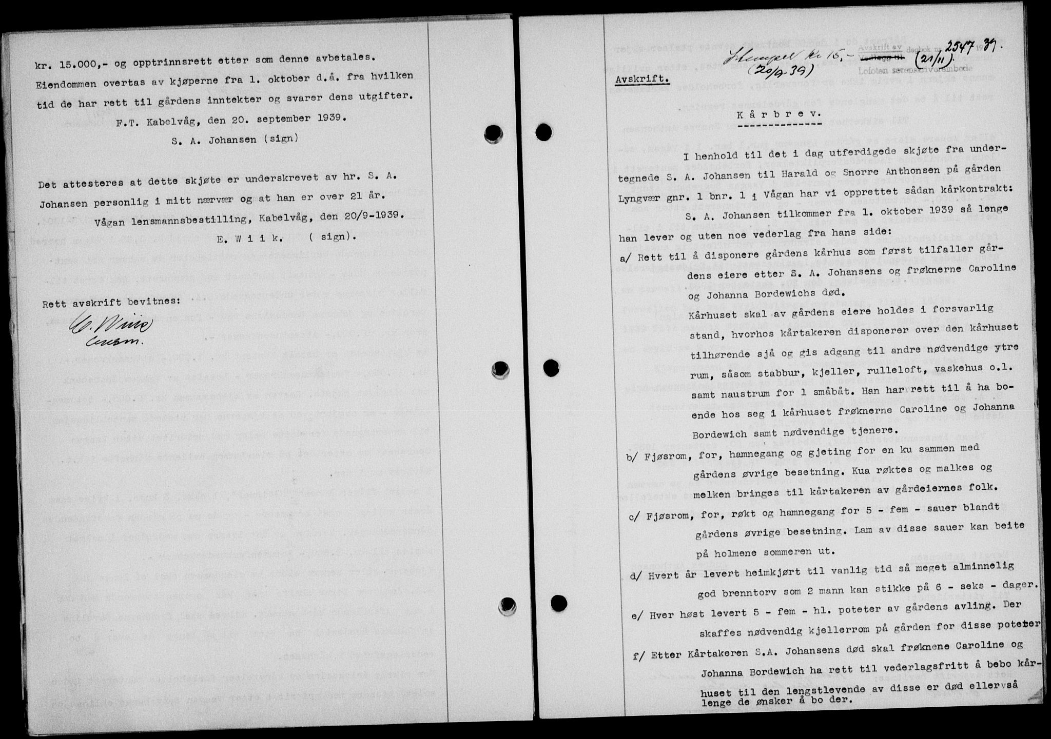 Lofoten sorenskriveri, SAT/A-0017/1/2/2C/L0006a: Mortgage book no. 6a, 1939-1939, Diary no: : 2547/1939