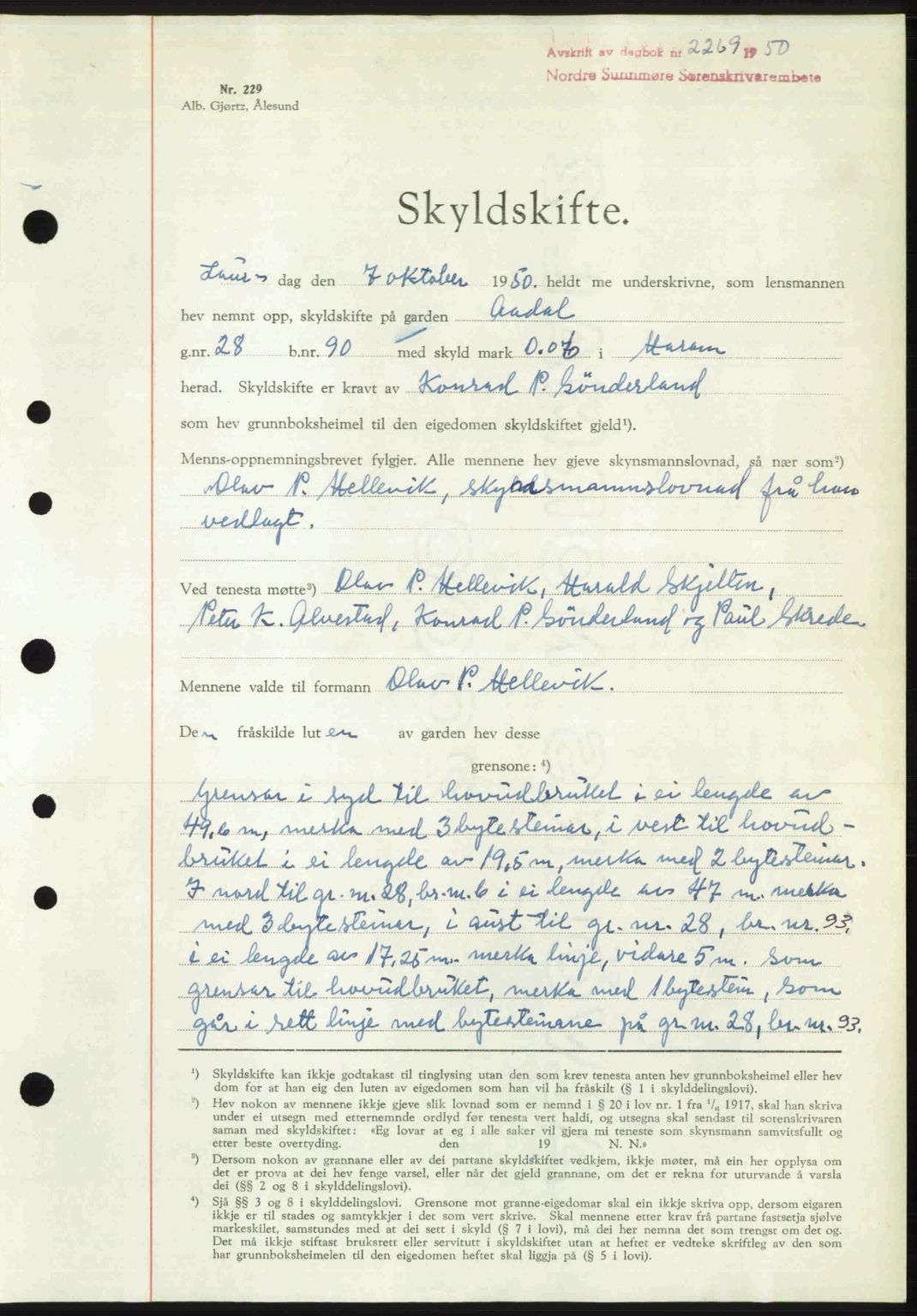 Nordre Sunnmøre sorenskriveri, AV/SAT-A-0006/1/2/2C/2Ca: Mortgage book no. A36, 1950-1950, Diary no: : 2269/1950