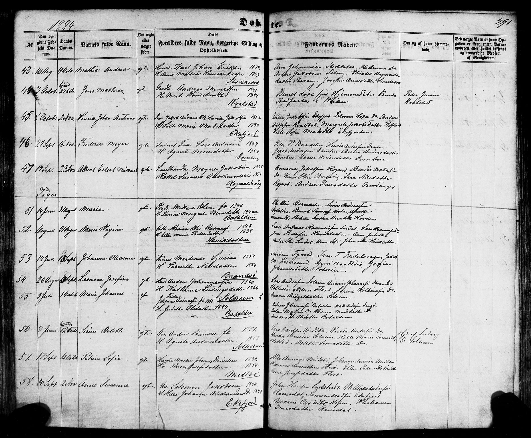 Kinn sokneprestembete, SAB/A-80801/H/Haa/Haaa/L0006: Parish register (official) no. A 6, 1857-1885, p. 291