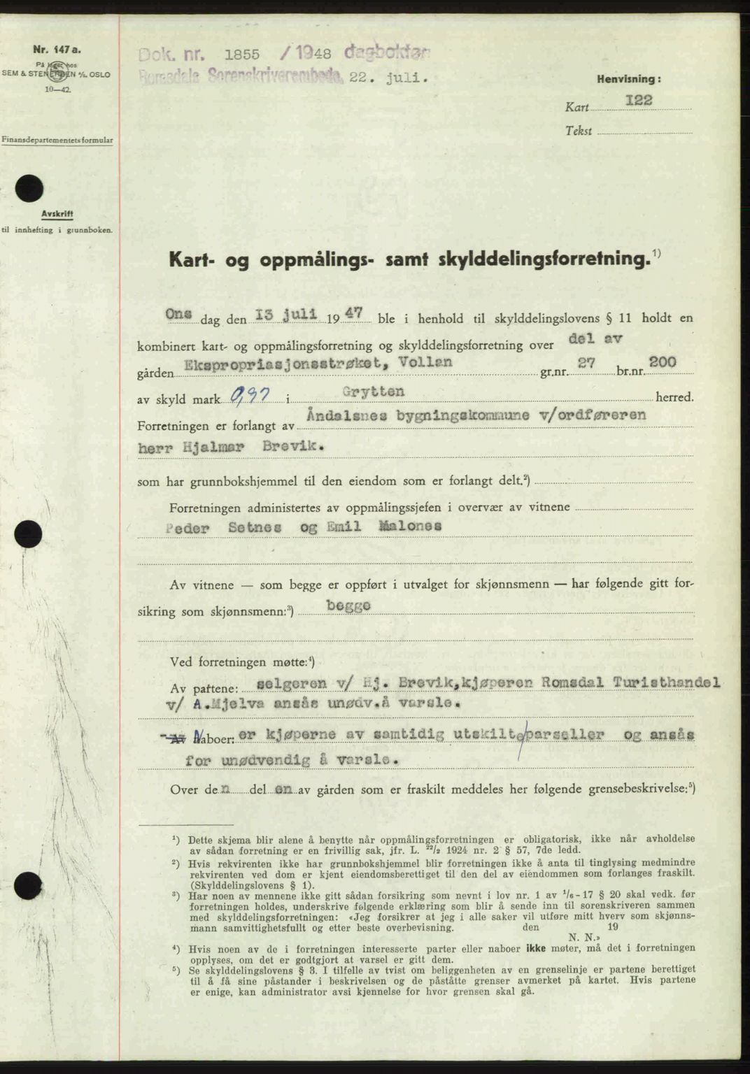 Romsdal sorenskriveri, AV/SAT-A-4149/1/2/2C: Mortgage book no. A26, 1948-1948, Diary no: : 1855/1948