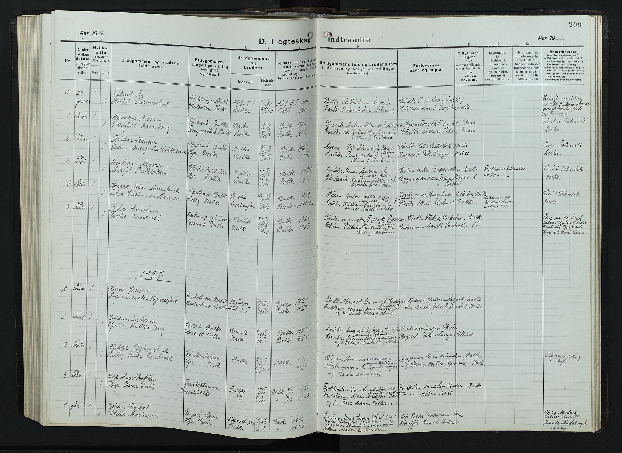 Balke prestekontor, SAH/PREST-106/H/Ha/Hab/L0001: Parish register (copy) no. 1, 1920-1955, p. 209