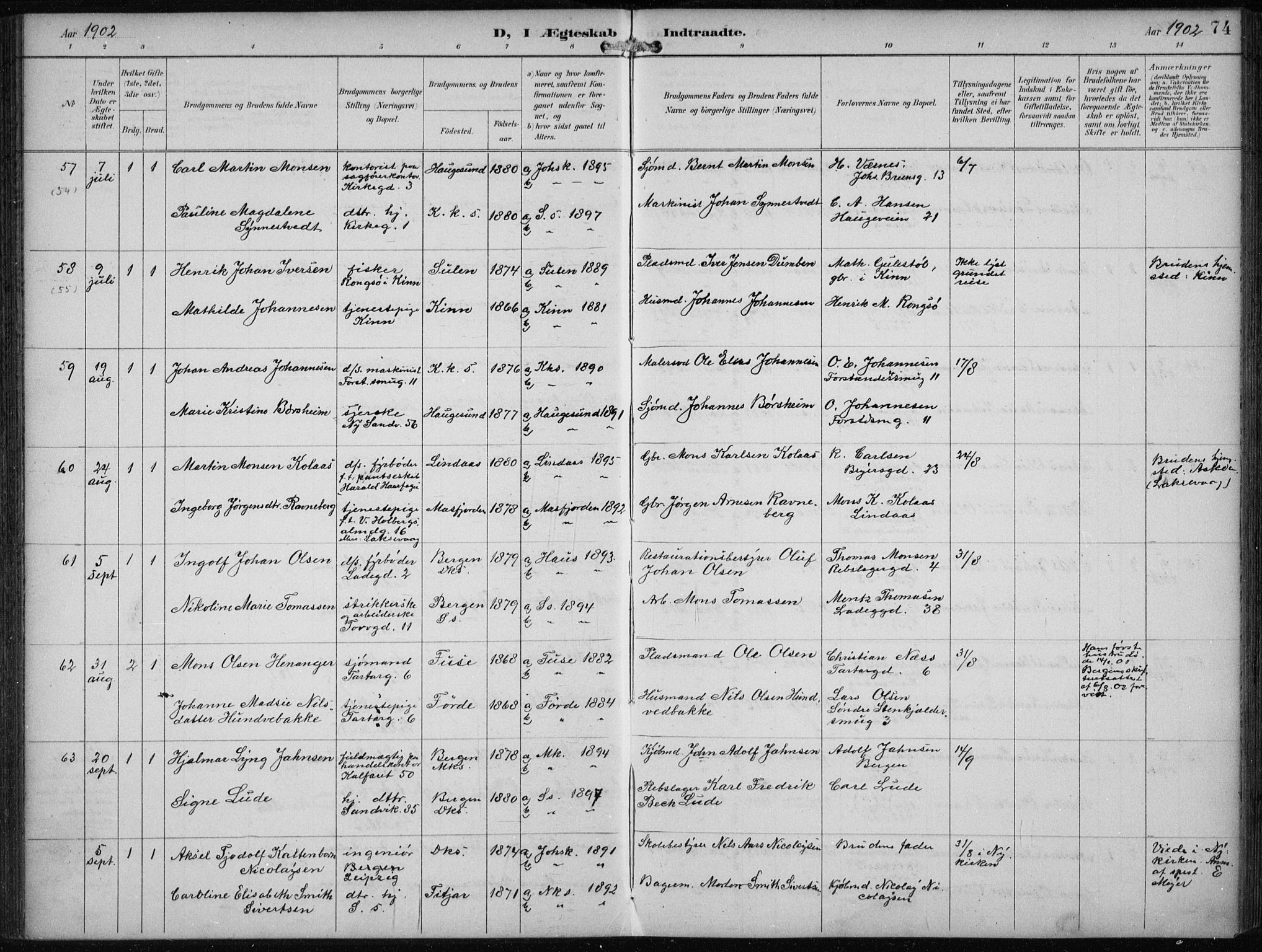 Sandviken Sokneprestembete, AV/SAB-A-77601/H/Ha/L0014: Parish register (official) no. D 1, 1896-1911, p. 74