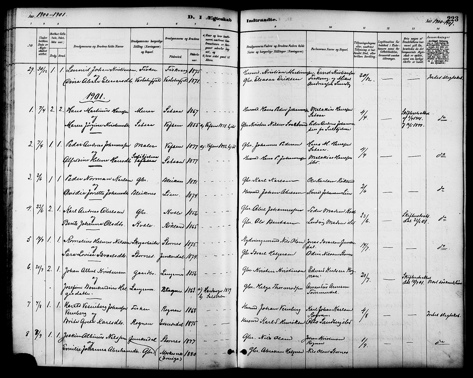 Ministerialprotokoller, klokkerbøker og fødselsregistre - Nordland, AV/SAT-A-1459/847/L0669: Parish register (official) no. 847A09, 1887-1901, p. 223