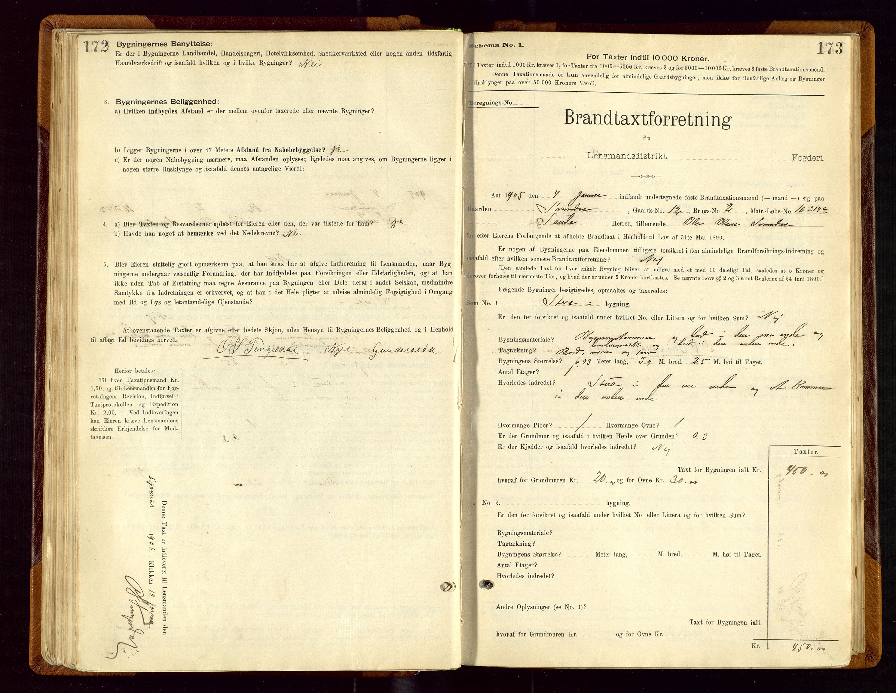 Sauda lensmannskontor, AV/SAST-A-100177/Gob/L0001: Branntakstprotokoll - skjematakst, 1894-1914, p. 172-173