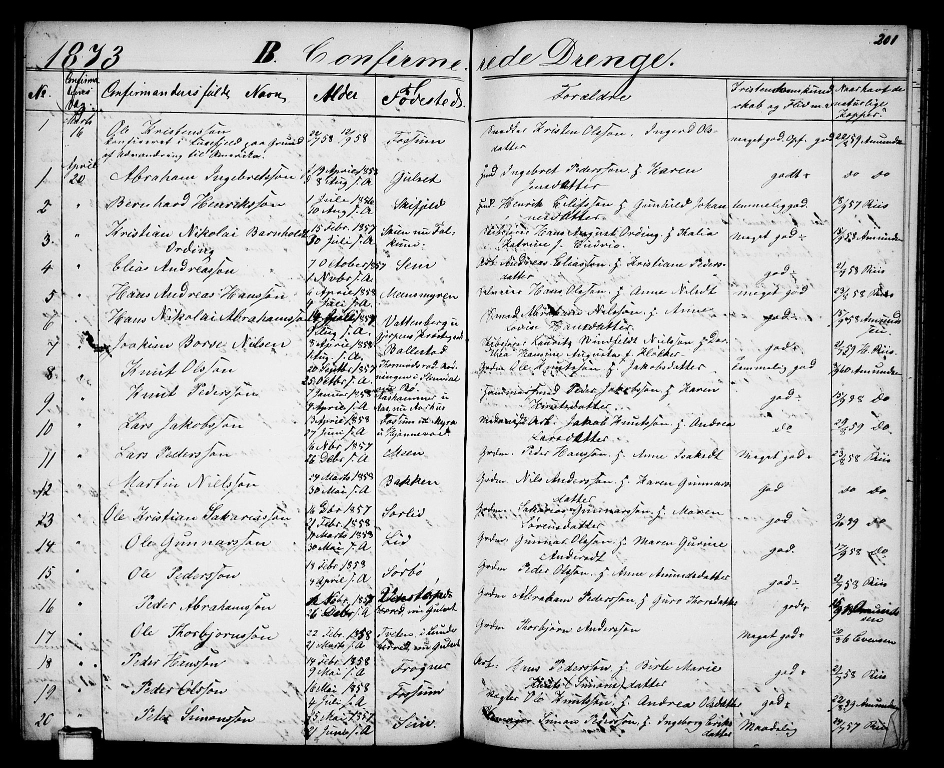 Gjerpen kirkebøker, AV/SAKO-A-265/G/Ga/L0001: Parish register (copy) no. I 1, 1864-1882, p. 201