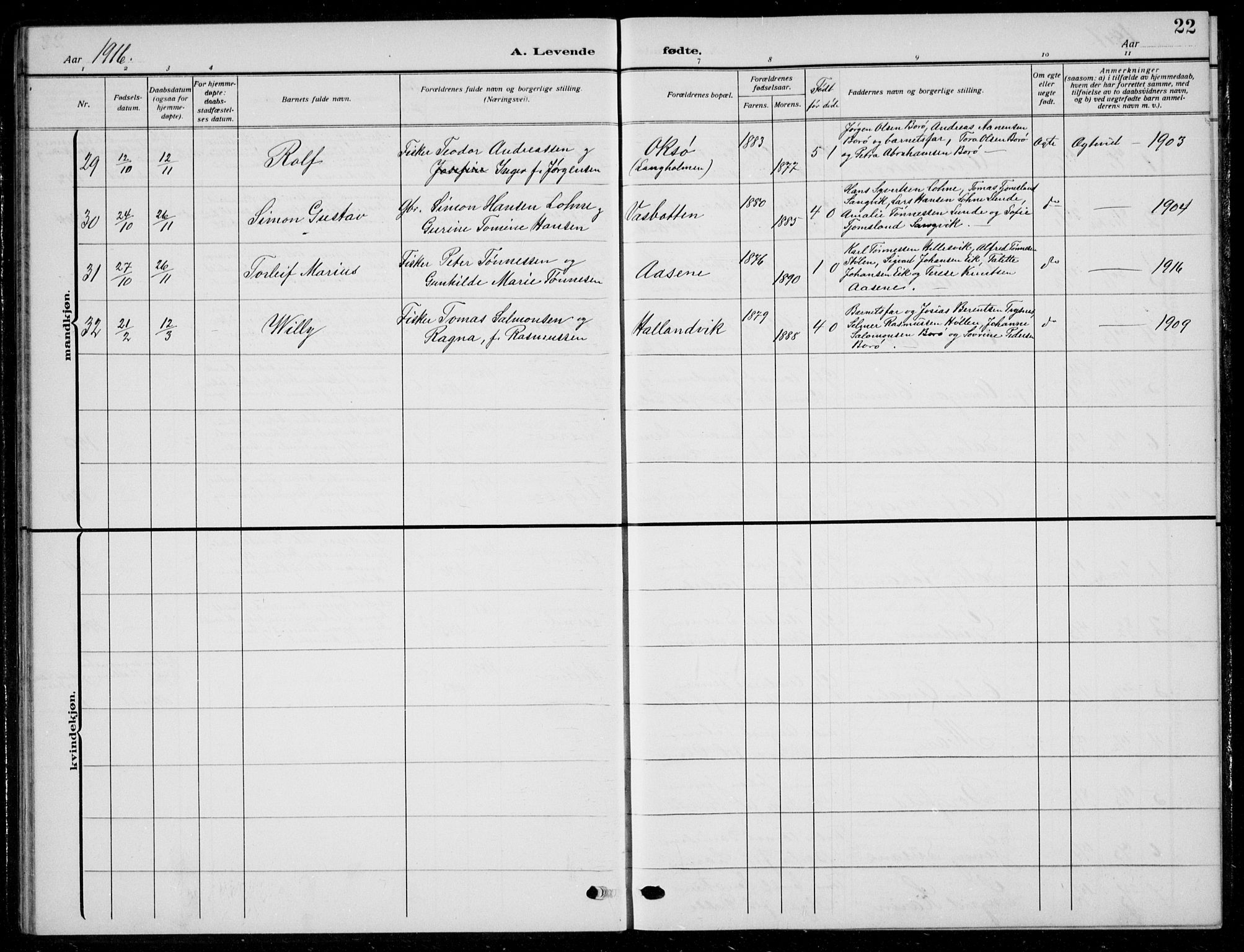 Søgne sokneprestkontor, AV/SAK-1111-0037/F/Fb/Fbb/L0007: Parish register (copy) no. B 7, 1912-1931, p. 22