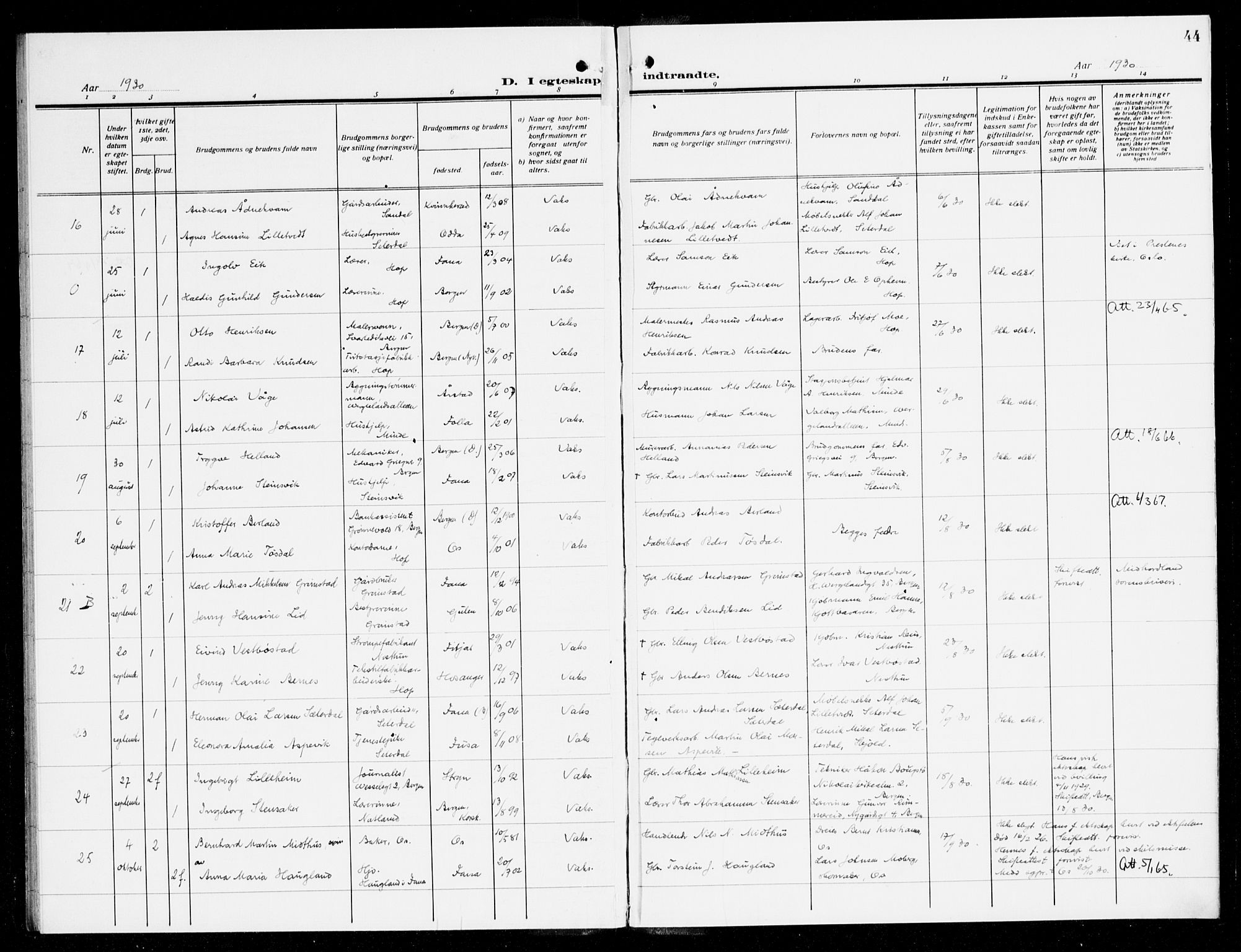 Fana Sokneprestembete, SAB/A-75101/H/Haa/Haak/L0001: Parish register (official) no. K 1, 1920-1931, p. 44