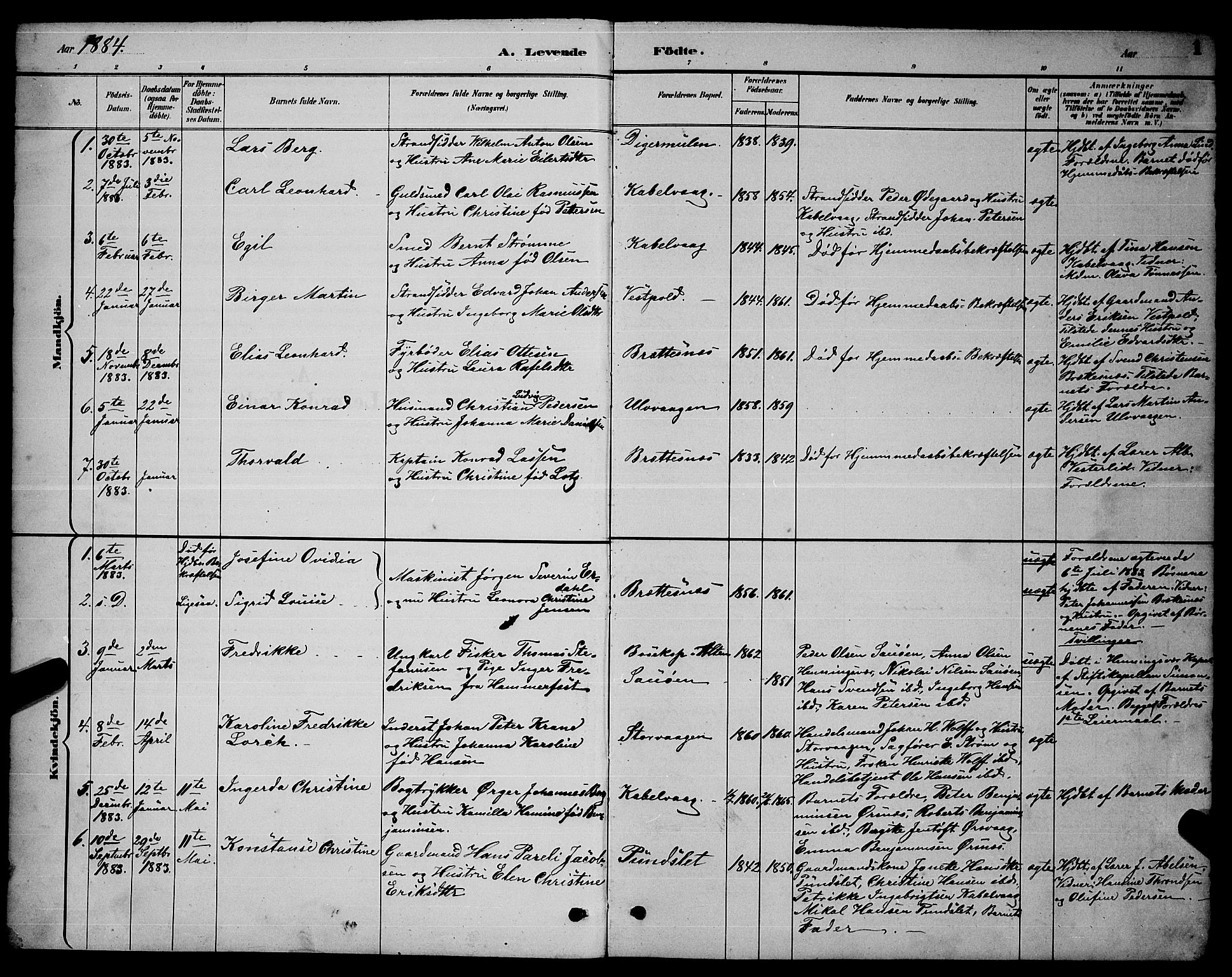 Ministerialprotokoller, klokkerbøker og fødselsregistre - Nordland, AV/SAT-A-1459/874/L1076: Parish register (copy) no. 874C05, 1884-1890, p. 1