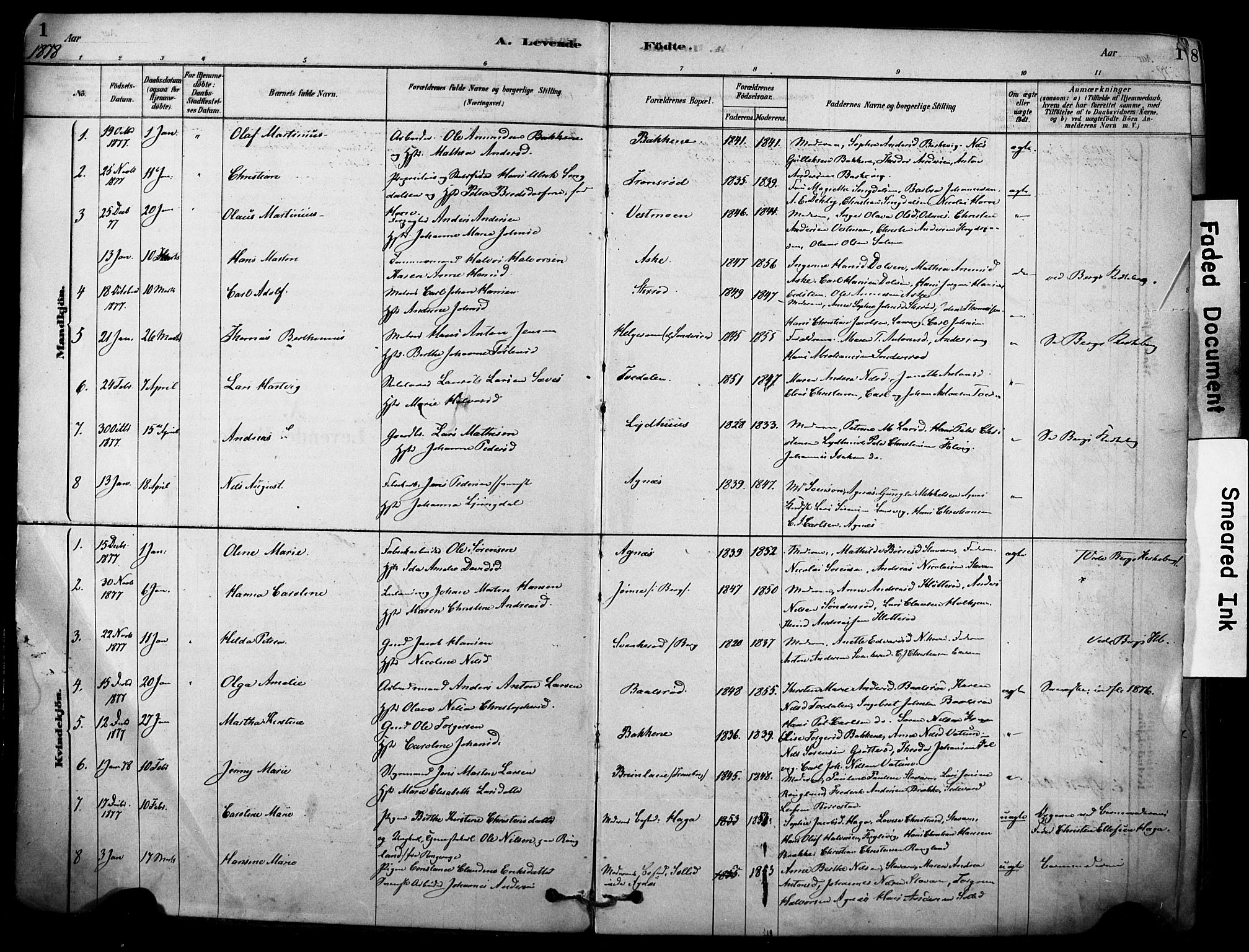 Brunlanes kirkebøker, AV/SAKO-A-342/F/Fc/L0001: Parish register (official) no. III 1, 1878-1899, p. 1