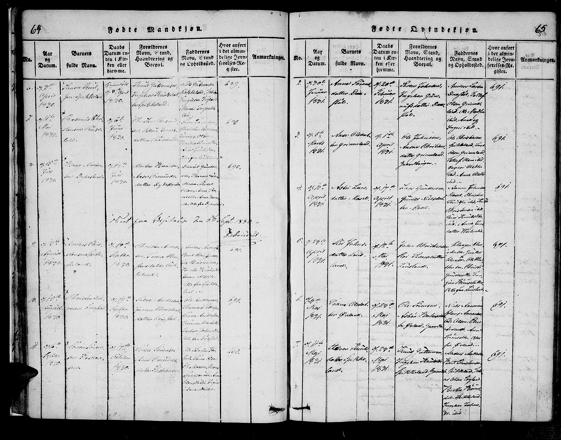 Bjelland sokneprestkontor, SAK/1111-0005/F/Fa/Fab/L0002: Parish register (official) no. A 2, 1816-1869, p. 64-65