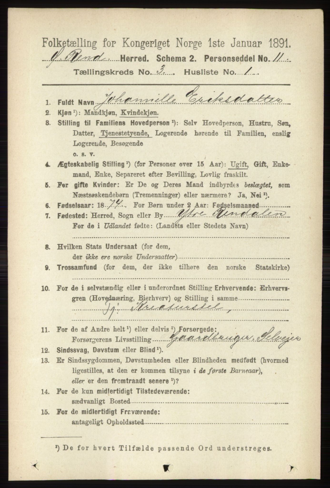 RA, 1891 census for 0433 Øvre Rendal, 1891, p. 828