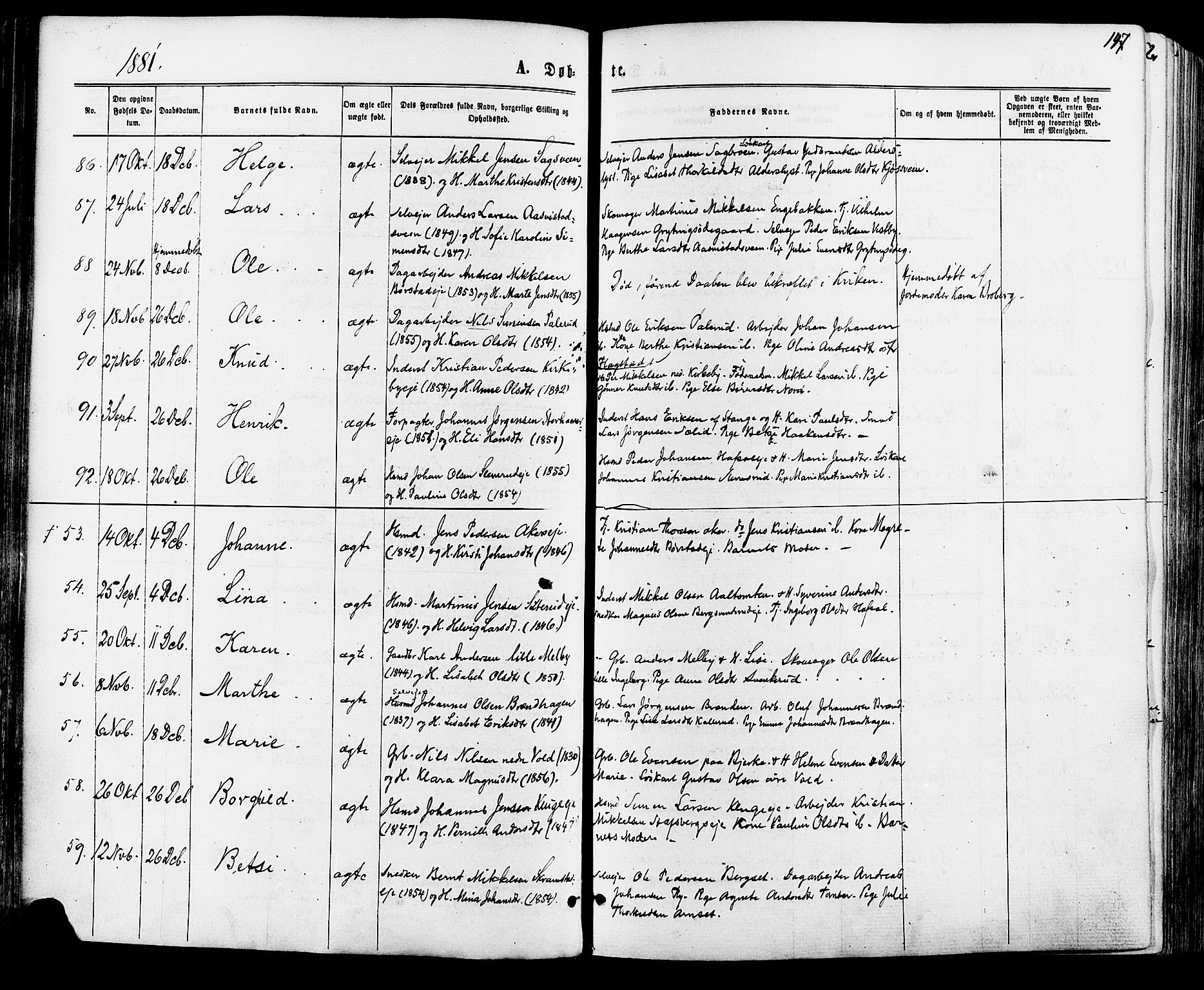 Vang prestekontor, Hedmark, SAH/PREST-008/H/Ha/Haa/L0015: Parish register (official) no. 15, 1871-1885, p. 147