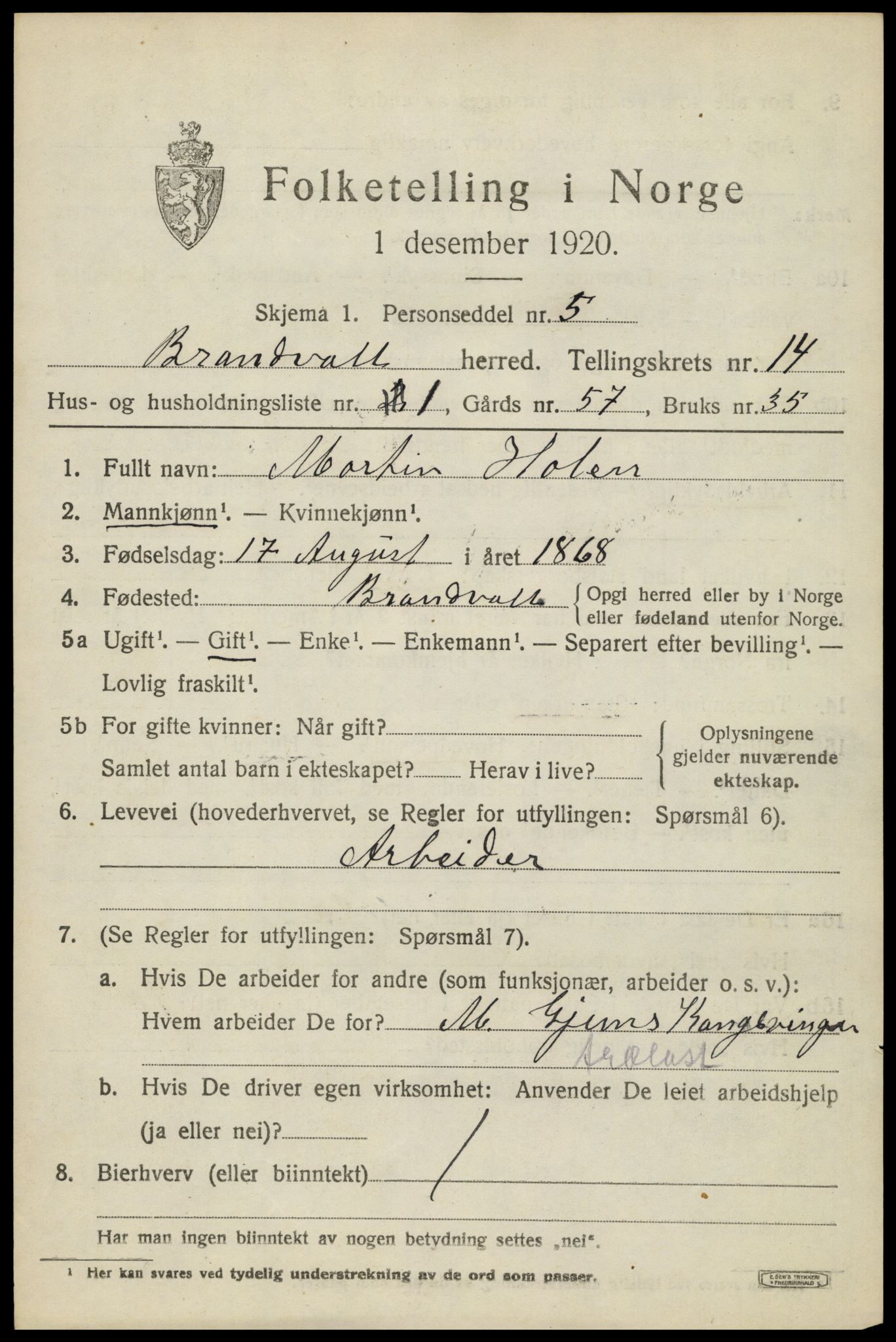 SAH, 1920 census for Brandval, 1920, p. 9492