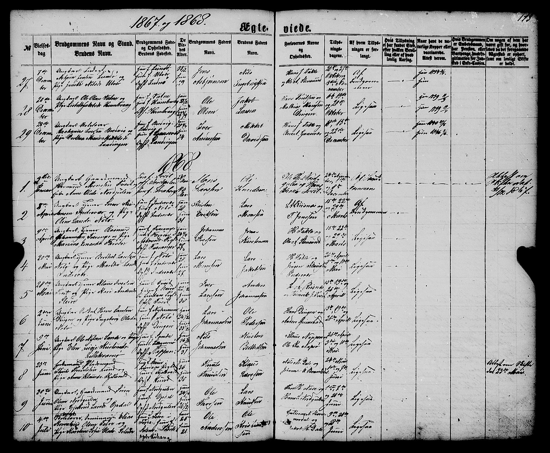 Gulen sokneprestembete, AV/SAB-A-80201/H/Haa/Haaa/L0022: Parish register (official) no. A 22, 1859-1869, p. 173