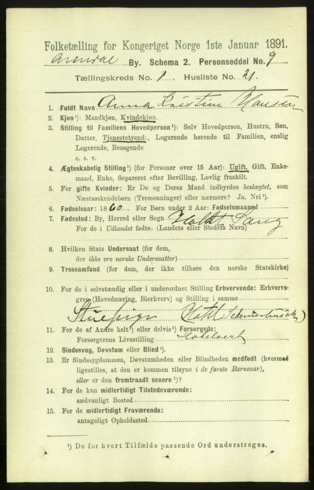 RA, 1891 census for 0903 Arendal, 1891, p. 1219