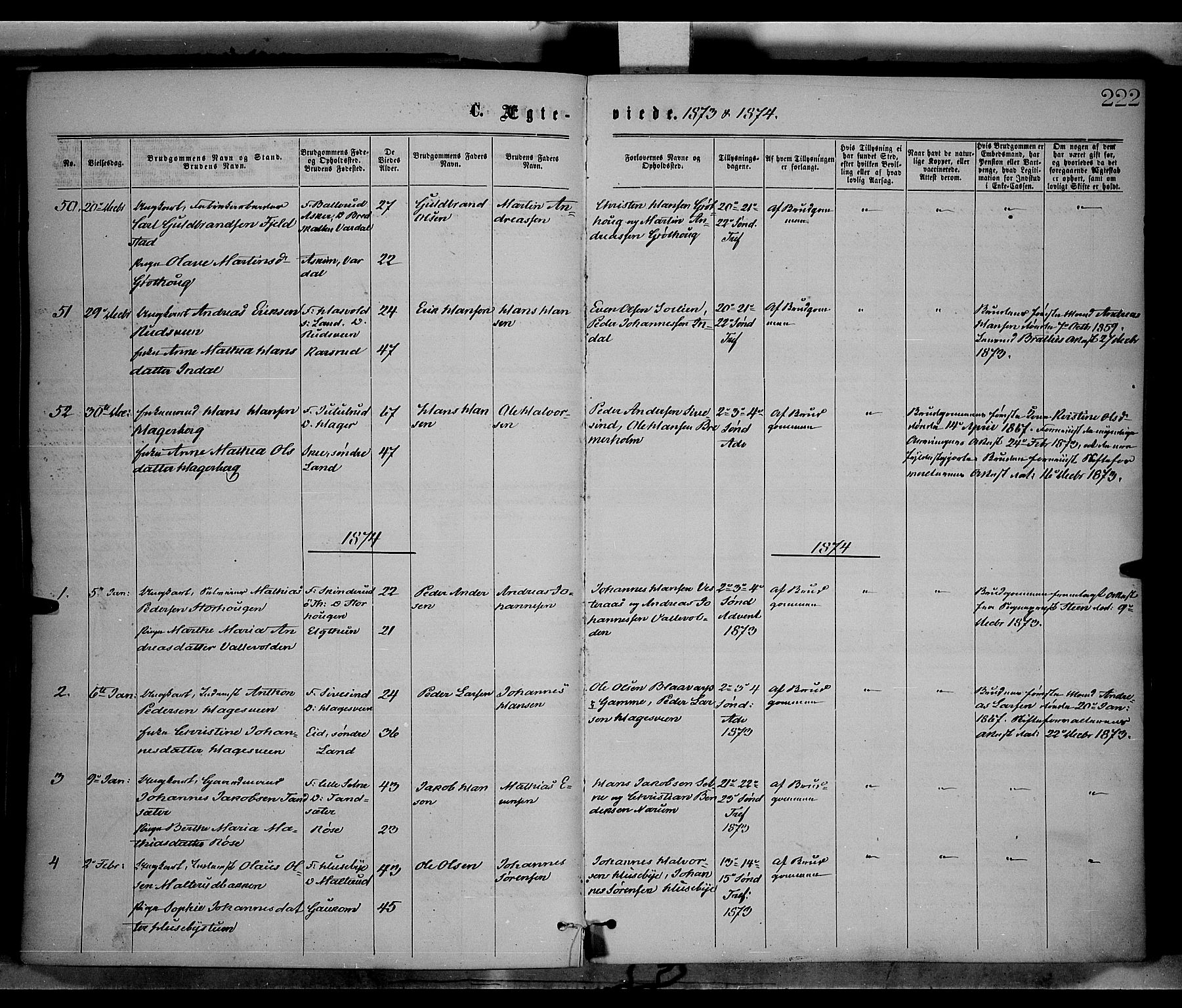 Vestre Toten prestekontor, SAH/PREST-108/H/Ha/Haa/L0008: Parish register (official) no. 8, 1870-1877, p. 222