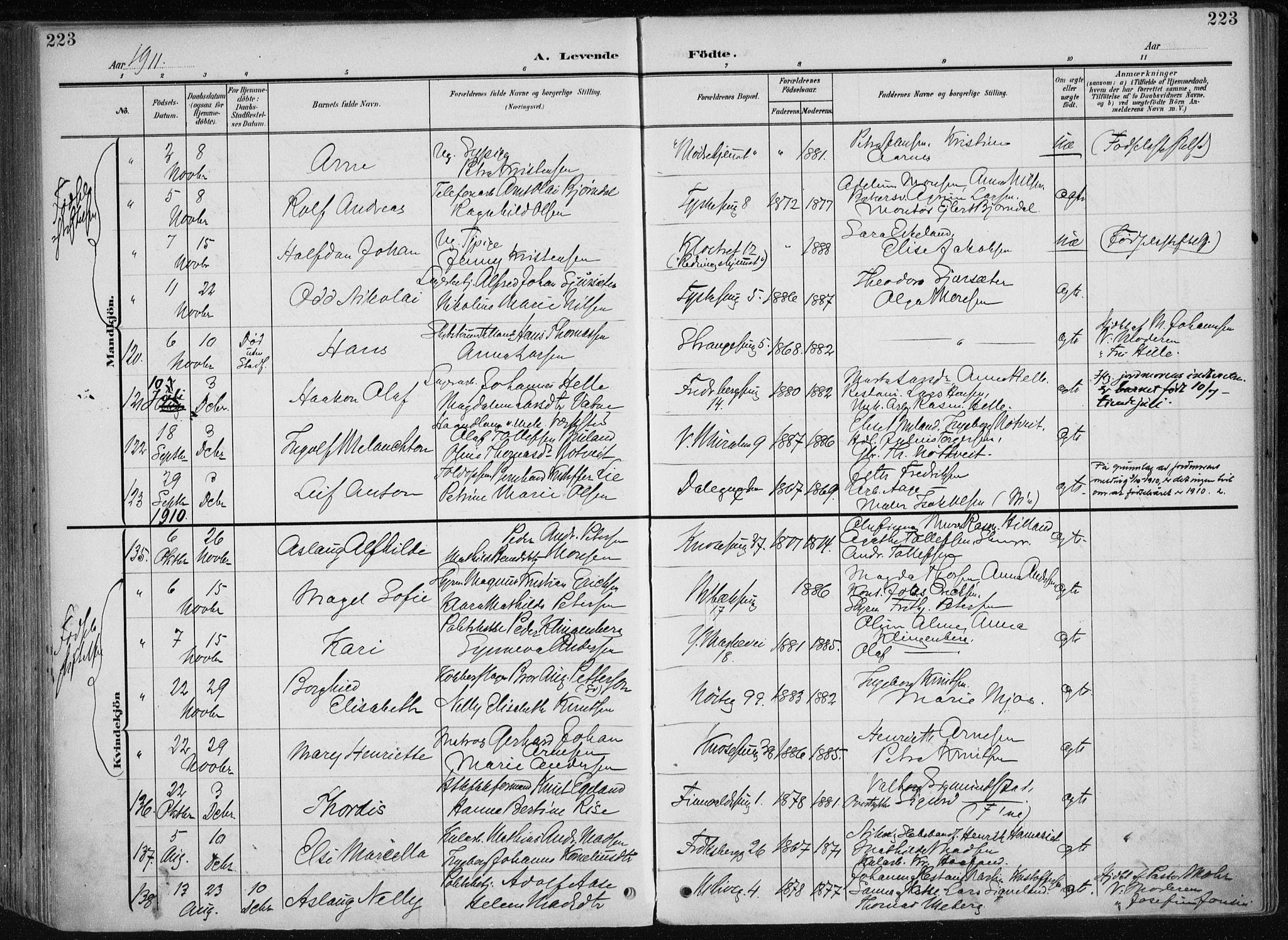 Nykirken Sokneprestembete, AV/SAB-A-77101/H/Haa/L0019: Parish register (official) no. B 7, 1904-1916, p. 223