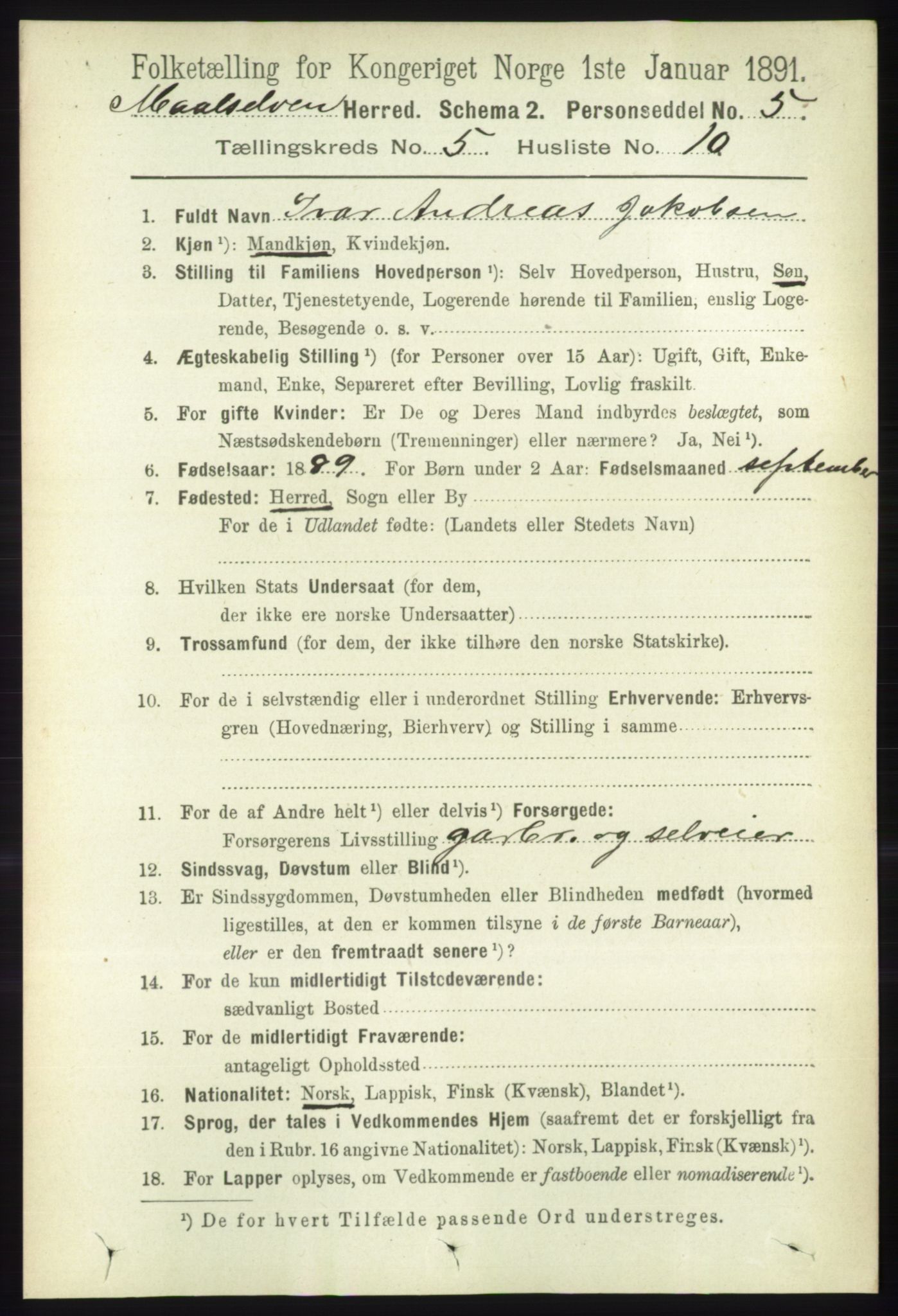 RA, 1891 census for 1924 Målselv, 1891, p. 1692