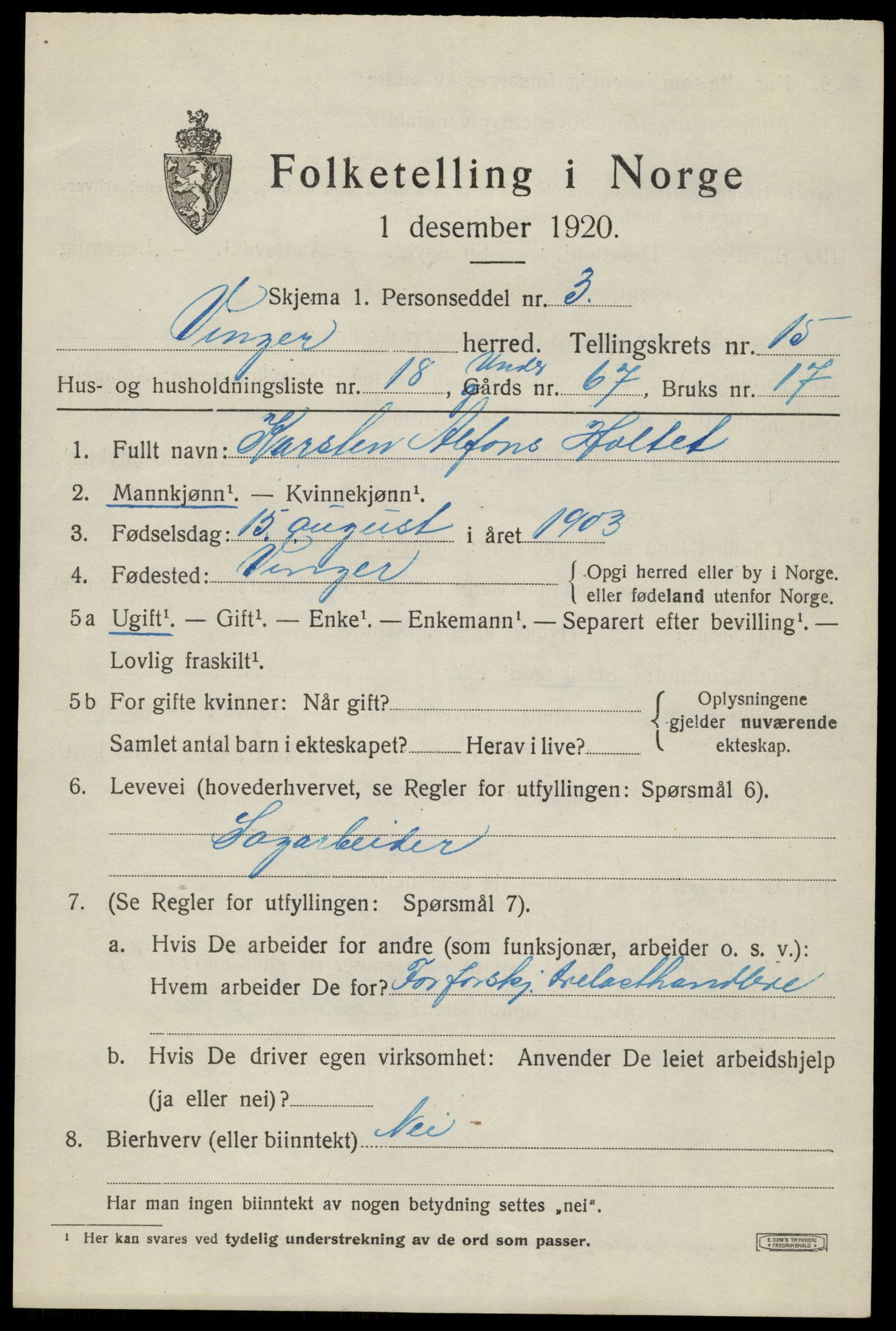 SAH, 1920 census for Vinger, 1920, p. 11886