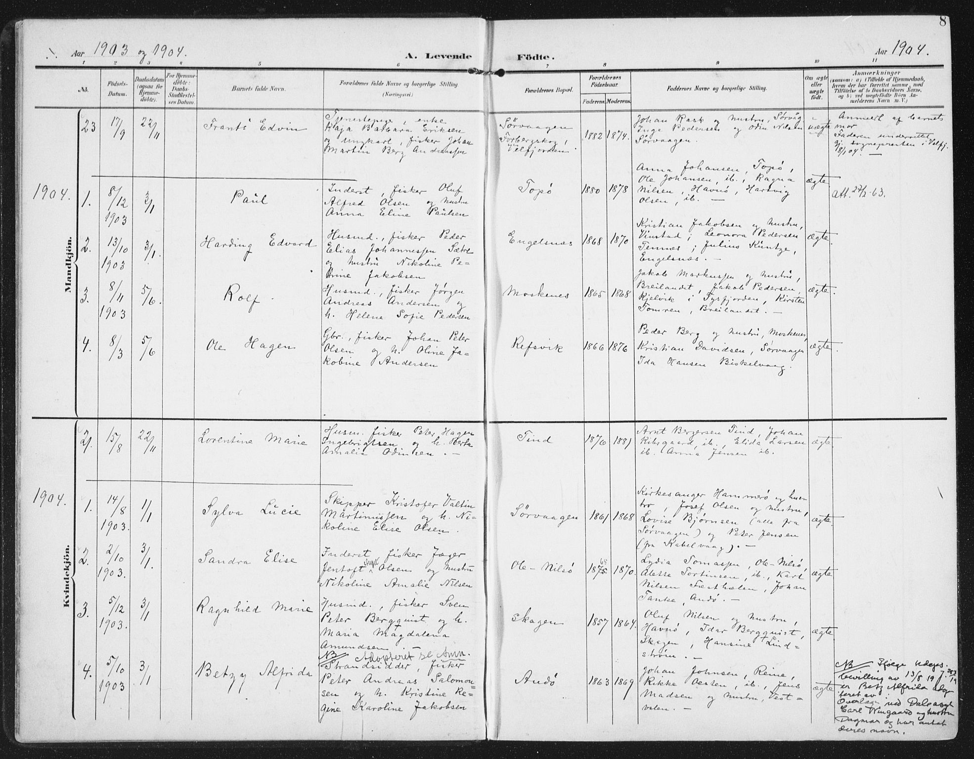Ministerialprotokoller, klokkerbøker og fødselsregistre - Nordland, SAT/A-1459/886/L1221: Parish register (official) no. 886A03, 1903-1913, p. 8