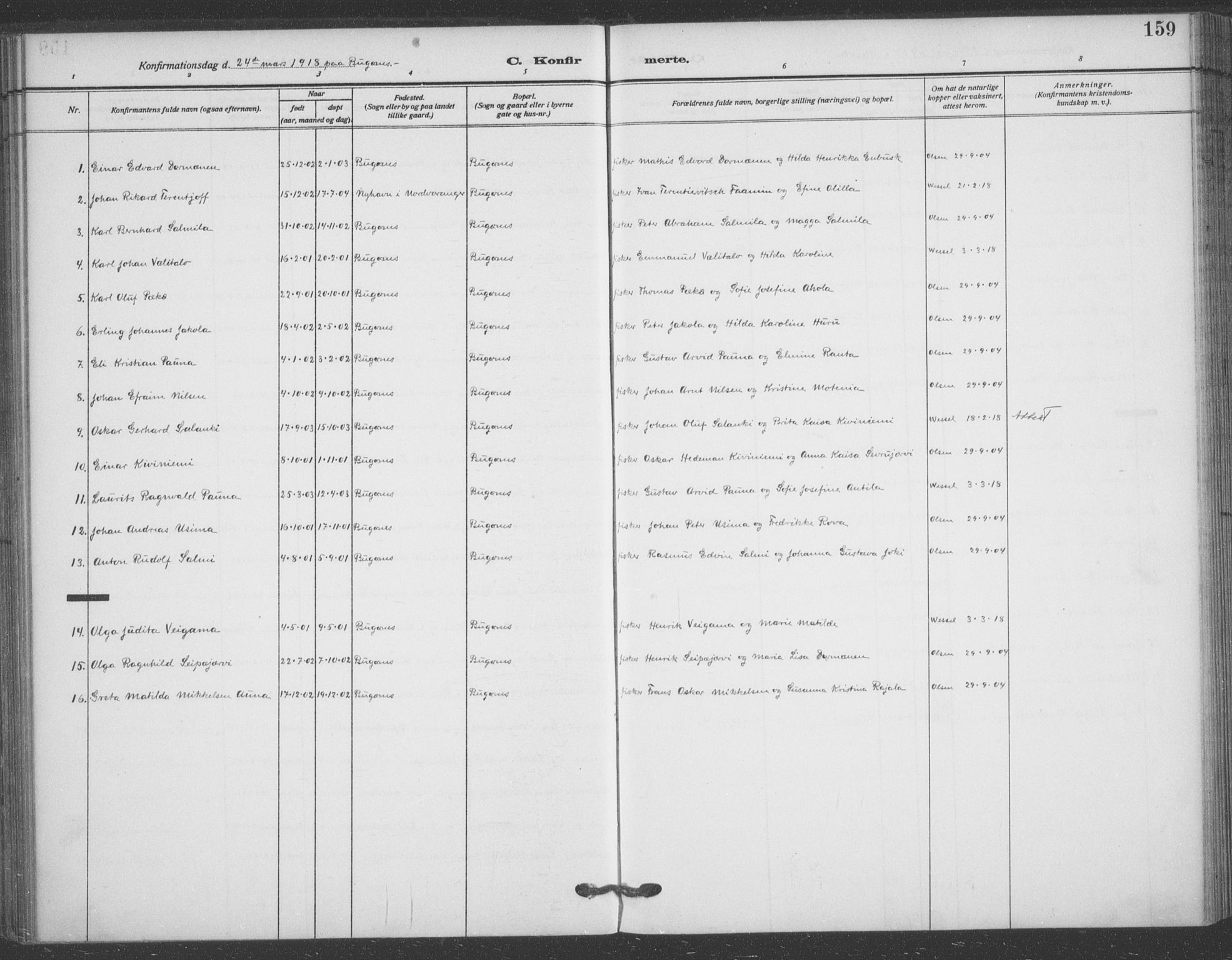 Sør-Varanger sokneprestkontor, SATØ/S-1331/H/Ha/L0005kirke: Parish register (official) no. 5, 1909-1919, p. 159