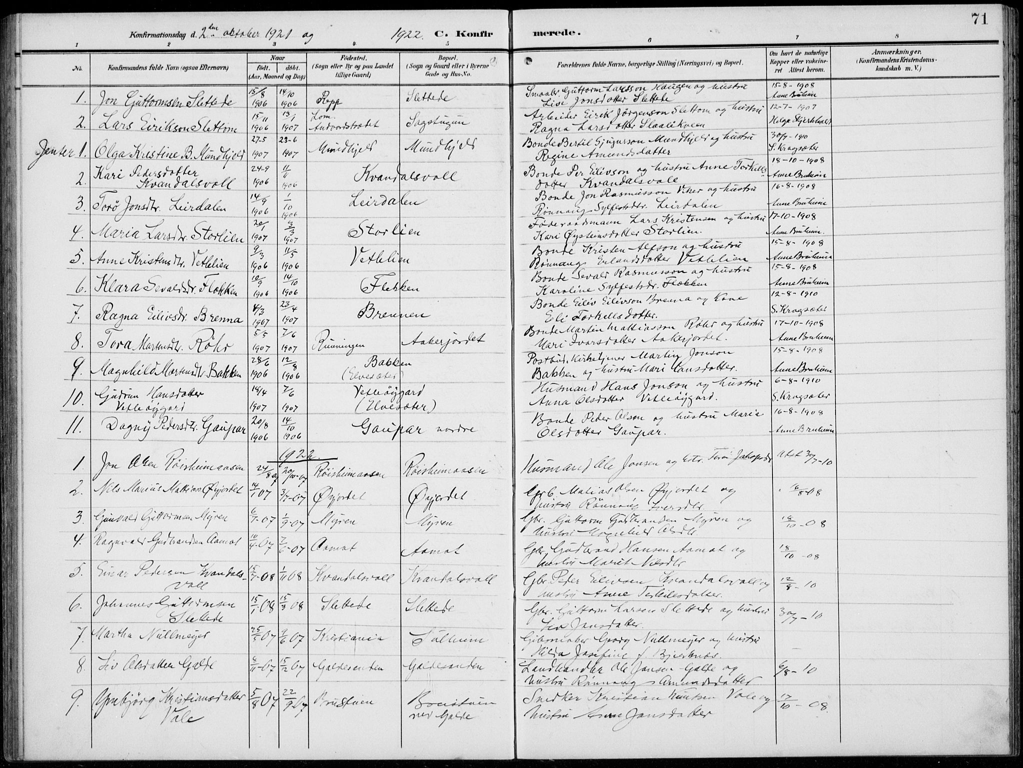 Lom prestekontor, AV/SAH-PREST-070/L/L0007: Parish register (copy) no. 7, 1904-1938, p. 71